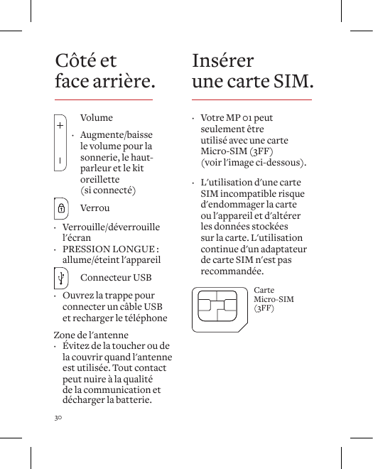 30 &middot; Votre MP 01 peut seulement &ecirc;tre  utilis&eacute; avec une carte Micro-SIM (3FF)  (voir l'image ci-dessous).  &middot; L'utilisation d'une carte SIM incompatible risque d'endommager la carte ou l'appareil et d'alt&eacute;rer les donn&eacute;es stock&eacute;es sur la carte. L'utilisation continue d'un adaptateur de carte SIM n'est pas recommand&eacute;e.Carte Micro-SIM(3FF) Volume &middot;  Augmente/baisse le volume pour la sonnerie, le haut-parleur et le kit oreillette  (si connect&eacute;) &middot;  Verrou &middot; Verrouille/d&eacute;verrouille l'&eacute;cran &middot; PRESSION LONGUE : allume/&eacute;teint l'appareil &middot;   Connecteur USB &middot; Ouvrez la trappe pour connecter un c&acirc;ble USB  et recharger le t&eacute;l&eacute;phoneZone de l'antenne &middot; &Eacute;vitez de la toucher ou de la couvrir quand l'antenne est utilis&eacute;e. Tout contact peut nuire &agrave; la qualit&eacute; de la communication et d&eacute;charger la batterie.C&ocirc;t&eacute; et  face arri&egrave;re. Ins&eacute;rer  une carte SIM.
