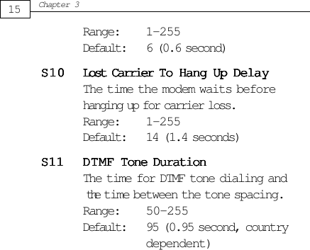 Range: 1-255Default: 6 (0.6 second)S10S10S10S10S10 Lost Carrier Lost Carrier Lost Carrier Lost Carrier Lost Carrier TTTTTo Hang Up Delao Hang Up Delao Hang Up Delao Hang Up Delao Hang Up DelayyyyyThe time the modem waits beforehanging up for carrier loss.Range: 1-255Default: 14 (1.4 seconds)S11S11S11S11S11 DTMF DTMF DTMF DTMF DTMF TTTTTone Durationone Durationone Durationone Durationone DurationThe time for DTMF tone dialing and                   the time between the tone spacing.Range: 50-255Default: 95 (0.95 second, countrydependent)15Chapter 3