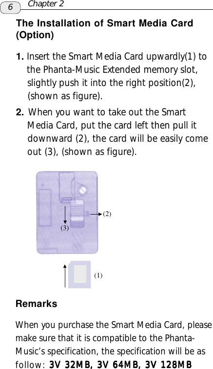 6The Installation of Smart Media Card(Option)1. Insert the Smart Media Card upwardly(1) to    the Phanta-Music Extended memory slot,    slightly push it into the right position(2),    (shown as figure).2. When you want to take out the Smart    Media Card, put the card left then pull it    downward (2), the card will be easily come    out (3), (shown as figure).(1)RemarksWhen you purchase the Smart Media Card, pleasemake sure that it is compatible to the Phanta-Music’s specification, the specification will be asfollow: 3V 32MB, 3V 64MB, 3V 128MB3V 32MB, 3V 64MB, 3V 128MB3V 32MB, 3V 64MB, 3V 128MB3V 32MB, 3V 64MB, 3V 128MB3V 32MB, 3V 64MB, 3V 128MBChapter 2(2)(3)