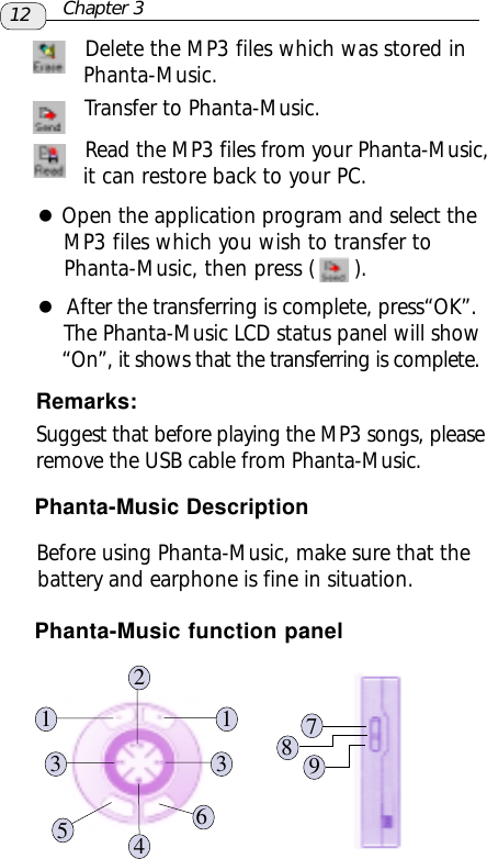 Phanta-Music Description Before using Phanta-Music, make sure that the battery and earphone is fine in situation. Delete the MP3 files which was stored in       Phanta-Music. Transfer to Phanta-Music. Read the MP3 files from your Phanta-Music,       it can restore back to your PC.Remarks:Suggest that before playing the MP3 songs, pleaseremove the USB cable from Phanta-Music.Phanta-Music function panel11236453789zOpen the application program and select the    MP3 files which you wish to transfer to    Phanta-Music, then press (      ).z After the transferring is complete, press“OK”.    The Phanta-Music LCD status panel will show    “On”, it shows that the transferring is complete.12 Chapter 3