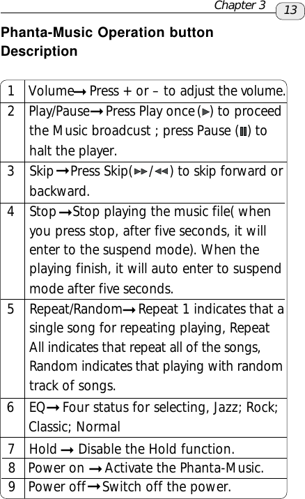 .13 1   VolumePress +or – to adjust the volume. 2   Play/Pause    Press Play once (  ) to proceedthe Music broadcust ; press Pause (  ) tohalt the player. 3 Skip    Press Skip(    /    ) to skip forward orbackward. 4 Stop    Stop playing the music file( whenyou press stop, after five seconds, it willenter to the suspend mode). When theplaying finish, it will auto enter to suspendmode after five seconds. 5 Repeat/Random    Repeat 1 indicates that asingle song for repeating playing, RepeatAll indicates that repeat all of the songs,Random indicates that playing with randomtrack of songs.  7  Hold     Disable the Hold function.  8   Power on     Activate the Phanta-Music.  9   Power off    Switch off the power. 6 EQ    Four status for selecting, Jazz; Rock;      Classic; NormalChapter 3Phanta-Music Operation buttonDescription