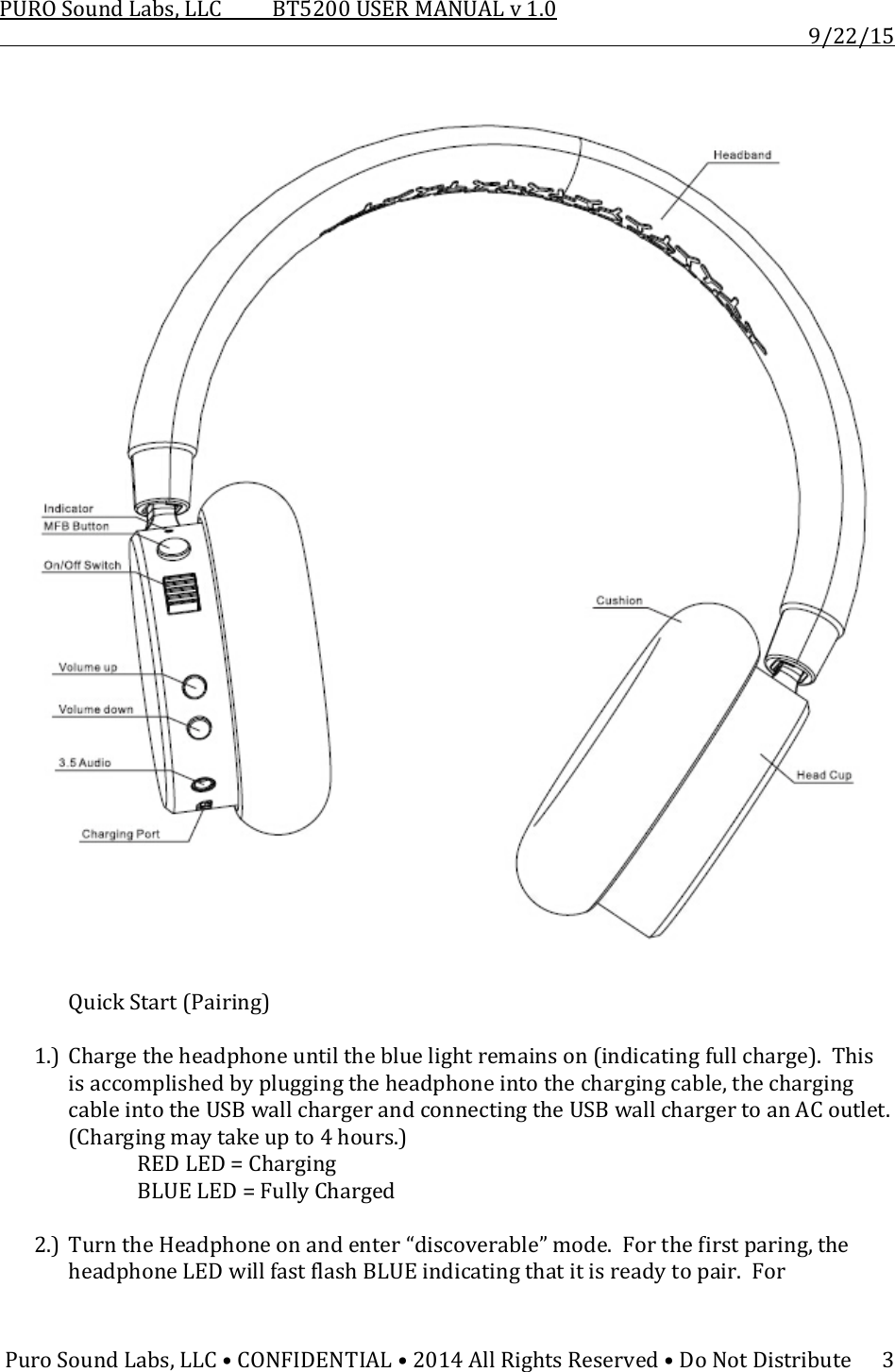PUROSoundLabs,LLCBT5200USERMANUALv1.09/22/15PuroSoundLabs,LLC•CONFIDENTIAL•2014AllRightsReserved•DoNotDistribute3  QuickStart(Pairing)1.) Chargetheheadphoneuntilthebluelightremainson(indicatingfullcharge).Thisisaccomplishedbypluggingtheheadphoneintothechargingcable,thechargingcableintotheUSBwallchargerandconnectingtheUSBwallchargertoanACoutlet.(Chargingmaytakeupto4hours.)REDLED=ChargingBLUELED=FullyCharged2.) TurntheHeadphoneonandenter“discoverable”mode.Forthefirstparing,theheadphoneLEDwillfastflashBLUEindicatingthatitisreadytopair.For