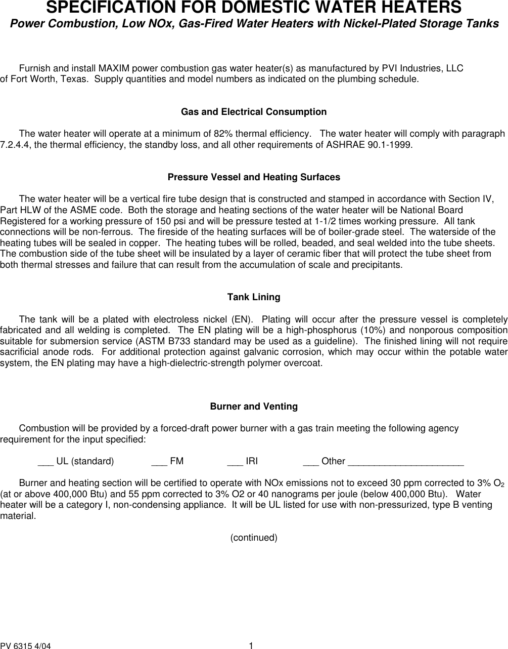 Page 1 of 2 - Pvi-Industries Pvi-Industries-Pv-6315-Users-Manual Maxim Nickel Low NOx