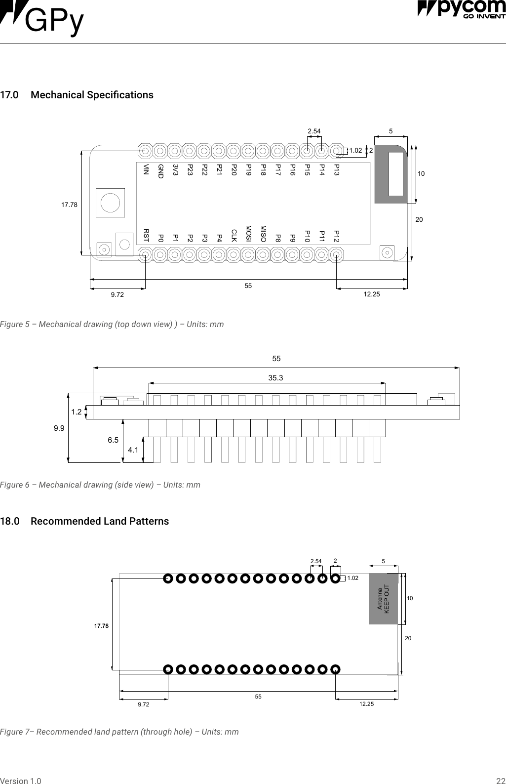 22Version 1.017.0 MechanicalSpecications18.0 RecommendedLandPatternsFigure 5 &ndash; Mechanical drawing (top down view) ) &ndash; Units: mmFigure 6 &ndash; Mechanical drawing (side view) &ndash; Units: mmFigure 7&ndash; Recommended land pattern (through hole) &ndash; Units: mmP13P14P15P16P17P18P19P20P21P22P233V3GNDVINP12P11P10P9P8MISOMOSI552.54 51021.0217.789.722012.25CLKP4P3P2P1P0RST554.135.36.59.91.2AntennaKEEP OUT5517.789.72 12.252.5421.0217.7851020GPy