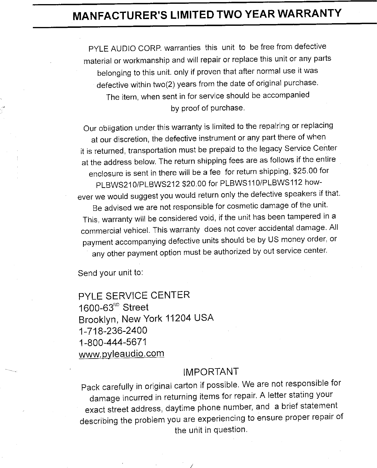 Page 3 of 3 - Pyle-Audio Pyle-Audio-Plbws-Series-Users-Manual-  Pyle-audio-plbws-series-users-manual