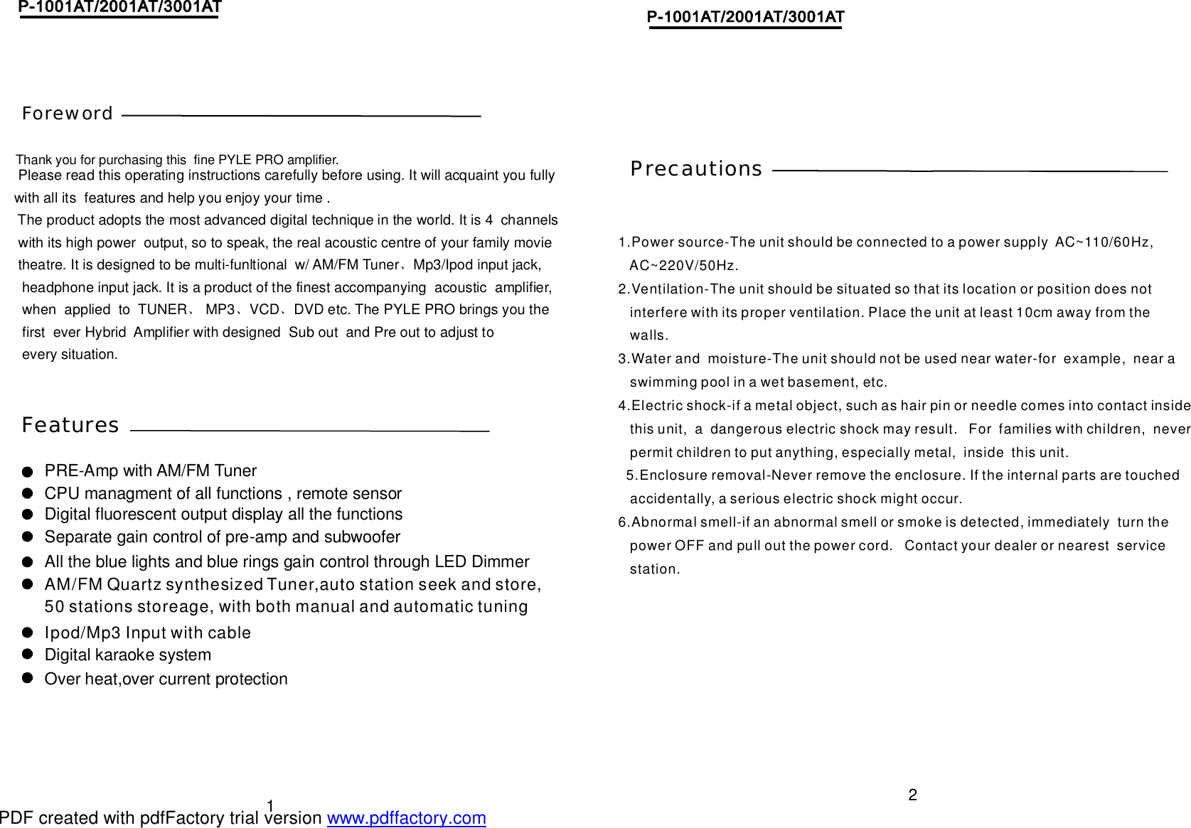 Page 2 of 5 - Pyle-Audio Pyle-Audio-Pro-P1001At-Users-Manual- P-1001AT-2001AT-3001通用说明?..  Pyle-audio-pro-p1001at-users-manual