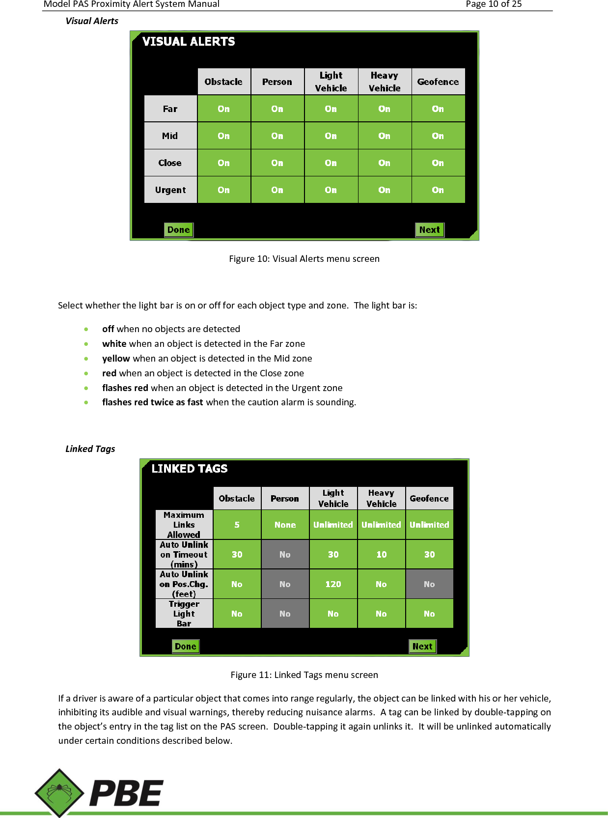 Model PAS Proximity Alert System Manual Page 10 of 25     Visual Alerts  Figure 10: Visual Alerts menu screen  Select whether the light bar is on or off for each object type and zone.  The light bar is:  off when no objects are detected  white when an object is detected in the Far zone  yellow when an object is detected in the Mid zone  red when an object is detected in the Close zone  flashes red when an object is detected in the Urgent zone  flashes red twice as fast when the caution alarm is sounding.  Linked Tags  Figure 11: Linked Tags menu screen If a driver is aware of a particular object that comes into range regularly, the object can be linked with his or her vehicle, inhibiting its audible and visual warnings, thereby reducing nuisance alarms.  A tag can be linked by double-tapping on the object’s entry in the tag list on the PAS screen.  Double-tapping it again unlinks it.  It will be unlinked automatically under certain conditions described below. 
