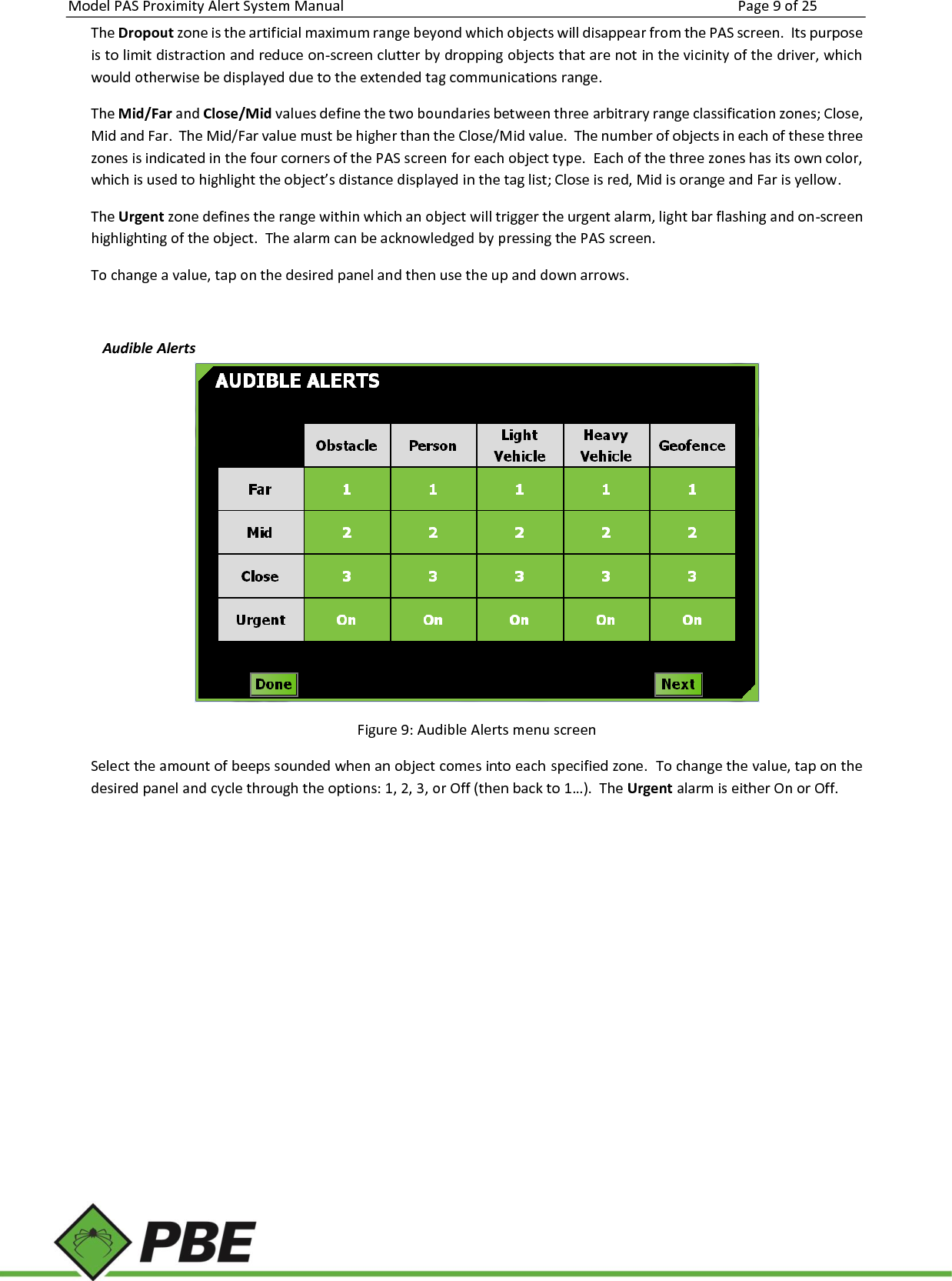 Model PAS Proximity Alert System Manual Page 9 of 25     The Dropout zone is the artificial maximum range beyond which objects will disappear from the PAS screen.  Its purpose is to limit distraction and reduce on-screen clutter by dropping objects that are not in the vicinity of the driver, which would otherwise be displayed due to the extended tag communications range. The Mid/Far and Close/Mid values define the two boundaries between three arbitrary range classification zones; Close, Mid and Far.  The Mid/Far value must be higher than the Close/Mid value.  The number of objects in each of these three zones is indicated in the four corners of the PAS screen for each object type.  Each of the three zones has its own color, which is used to highlight the object’s distance displayed in the tag list; Close is red, Mid is orange and Far is yellow. The Urgent zone defines the range within which an object will trigger the urgent alarm, light bar flashing and on-screen highlighting of the object.  The alarm can be acknowledged by pressing the PAS screen. To change a value, tap on the desired panel and then use the up and down arrows.    Audible Alerts  Figure 9: Audible Alerts menu screen Select the amount of beeps sounded when an object comes into each specified zone.  To change the value, tap on the desired panel and cycle through the options: 1, 2, 3, or Off (then back to 1…).  The Urgent alarm is either On or Off.    