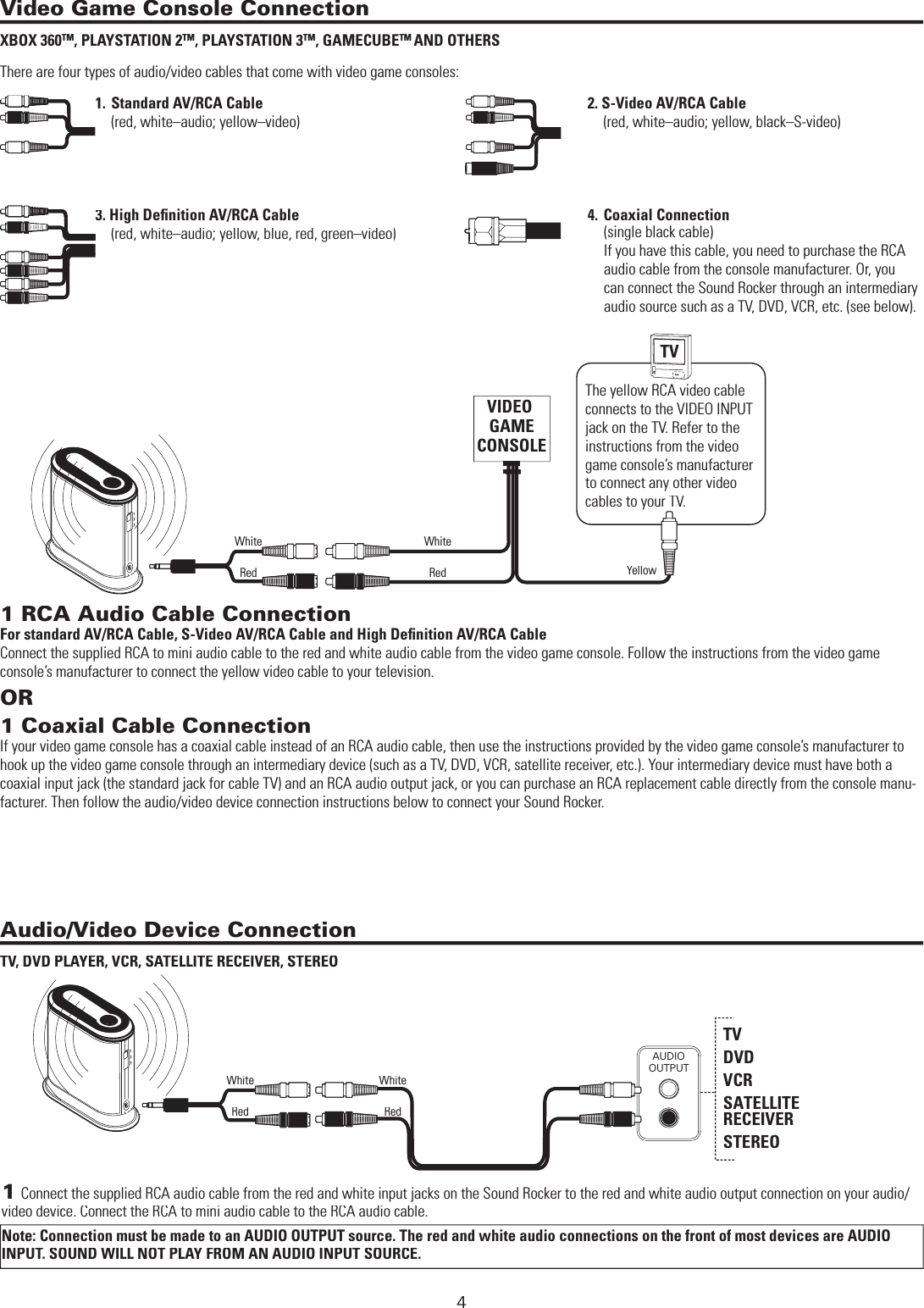  WIRELESS CONNECTION METHODSVideo Game Console ConnectionXBOX 360TM, PLAYSTATION 2TM, PLAYSTATION 3TM, GAMECUBETM ANDOTHERSThere are four types of audio/video cables that come with video game consoles:  1.  1.Standard AV/RCA Cable  2. S-Video AV/RCA Cable      (red, white–audio; yellow–video)    (red, white–audio; yellow, black–S-video)  3.  3. High Deﬁ nition AV/RCA Cable  4.Coaxial Connection     (    (red, white–audio; yellow, blue, red, green–video)    )    )    )    )    )    Audio/Video Device ConnectionTV, DVD PLAYER, VCR, SATELLITE RECEIVER, STEREO1 RCA Audio Cable ConnectionFor standard AV/RCA Cable, S-Video AV/RCA Cable and High Deﬁ nition AV/RCA CableConnect the supplied RCA to mini audio cable to the red and white audio cable from the video game console. Follow the instructions from the video game console’s manufacturer to connect the yellow video cable to your television.OR1Coaxial Cable ConnectionIf your video game console has a coaxial cable instead of an RCA audio cable, then use the instructions provided by the video game console’s manufacturer to hook up the video game console through an intermediary device (such as a TV, DVD, VCR, satellite receiver, etc.). Your intermediary device must have both a coaxial input jack (the standard jack for cable TV) and an RCA audio output jack, or you can purchase an RCA replacement cable directly from the console manu-facturer. Then follow the audio/video device connection instructions below to connect your Sound Rocker.VIDEO GAMECONSOLETV123AUDIOOUTPUTTVDVDVCRSATELLITE RECEIVERSTEREO1231Connect the supplied RCA audio cable from the red and white input jacks on the Sound Rocker to the red and white audio output connection on your audio/video device. Connect the RCA to mini audio cable to the RCA audio cable.Note:Connection must be made to an AUDIO OUTPUT source. The red and white audio connections on the front of most devices are AUDIO INPUT. SOUND WILL NOT PLAY FROM AN AUDIO INPUT SOURCE.RedRedWhiteWhiteYellowRedRedWhiteWhite4(single black cable)If you have this cable, you need to purchase the RCA audio cable from the console manufacturer. Or, you can connect the Sound Rocker through an intermediary audio source such as a TV, DVD, VCR, etc. (see below).The yellow RCA video cable connects to the VIDEO INPUT jack on the TV. Refer to the instructions from the video game console’s manufacturer to connect any other video cables to your TV.