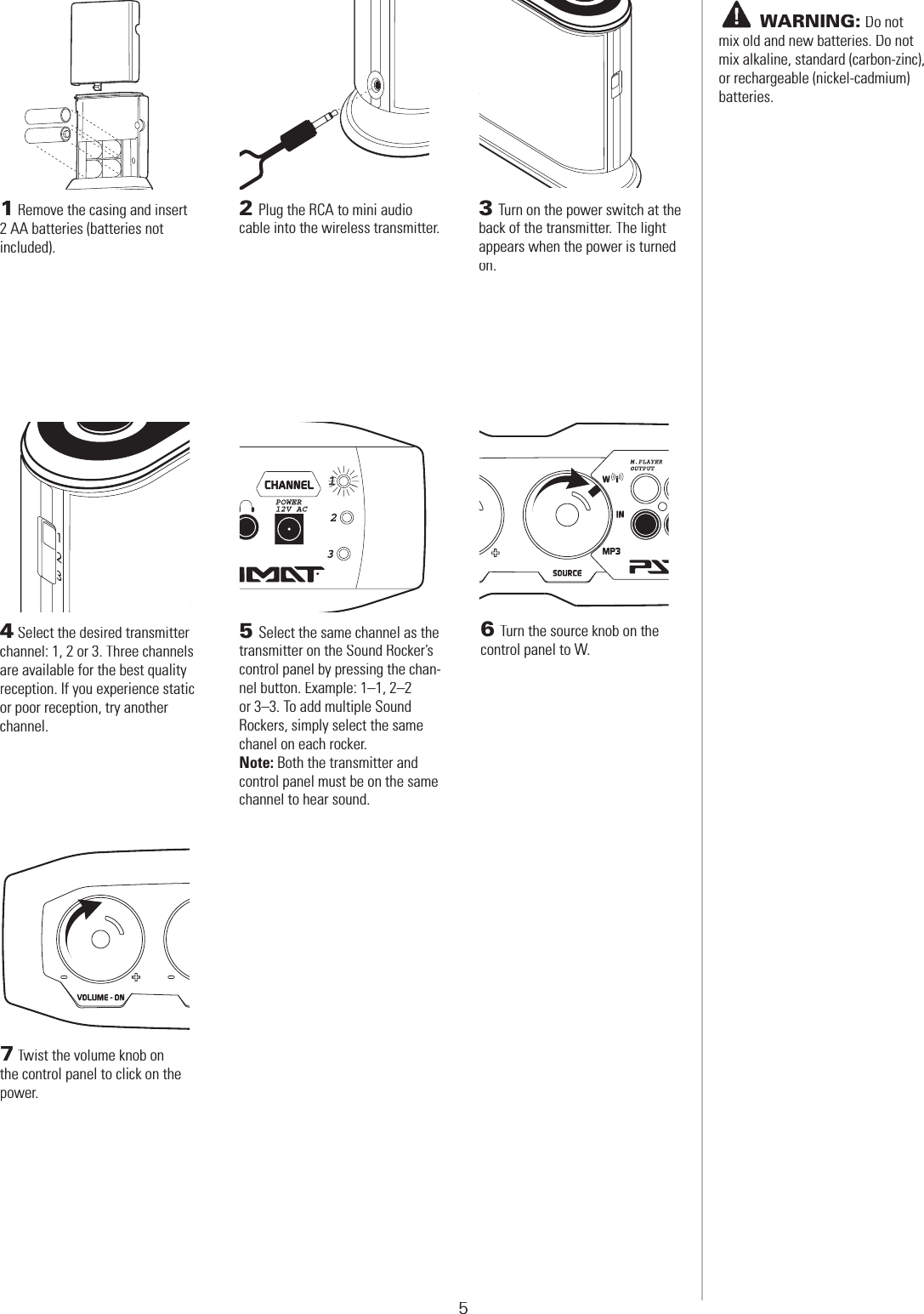 5 WIRELESS TRANSMITTER SET-UP1Remove the casing and insert 2 AA batteries (batteries not included).2Plug the RCA to mini audio cable into the wireless transmitter.3Turn on the power switch at the back of the transmitter. The light appears when the power is turned on.4Select the desired transmitter channel: 1, 2 or 3. Three channels are available for the best quality reception. If you experience static or poor reception, try another channel.1231235Select the same channel as the transmitter on the Sound Rocker’s control panel by pressing the chan-nel button. Example: 1–1, 2–2 or 3–3. To add multiple Sound Rockers, simply select the same chanel on each rocker.Note: Both the transmitter and control panel must be on the same channel to hear sound.7Twist the volume knob on the control panel to click on the power.6Turn the source knob on the control panel to W.       WARNING:Do not mix old and new batteries. Do not mix alkaline, standard (carbon-zinc), or rechargeable (nickel-cadmium) batteries.