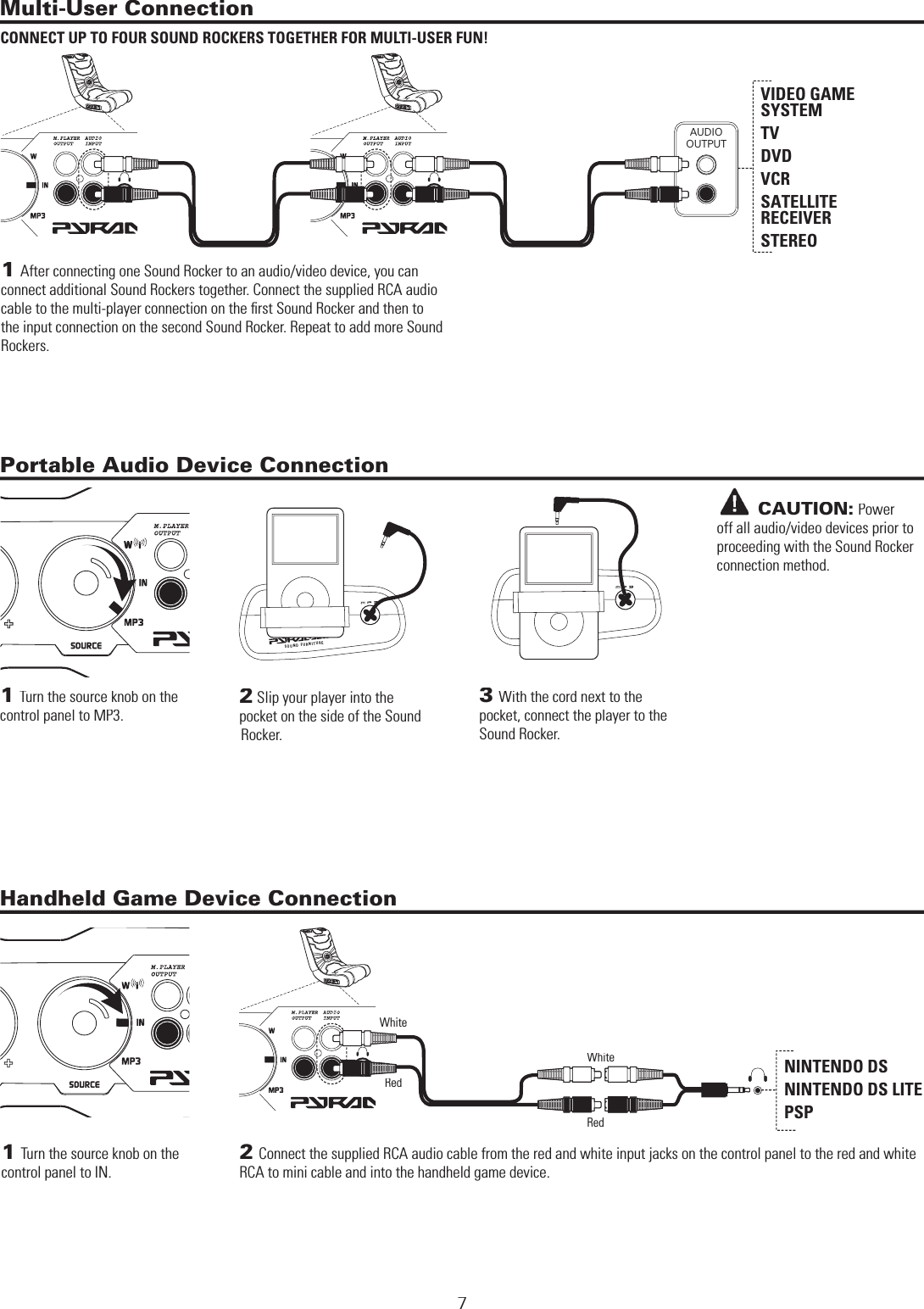 7CONNECT UP TO FOUR SOUND ROCKERS TOGETHER FOR MULTI-USER FUN!AUDIOOUTPUTVIDEO GAME SYSTEMTVDVDVCRSATELLITE RECEIVERSTEREO1After connecting one Sound Rocker to an audio/video device, you can connect additional Sound Rockers together. Connect the supplied RCA audio cable to the multi-player connection on the ﬁ rst Sound Rocker and then to the input connection on the second Sound Rocker. Repeat to add more Sound Rockers.2Slip your player into the pocket on the side of the Sound Rocker.3With the cord next to the pocket, connect the player to the Sound Rocker.SOUND FURNITURESOUN D  FURNI T UR ESOUND FURNITURESOUN D  FURNI T UR E1Turn the source knob on the control panel to MP3.       CAUTION:Power off all audio/video devices prior to proceeding with the Sound Rocker connection method. DIRECT CONNECTION METHODSMulti-User ConnectionPortable Audio Device ConnectionHandheld Game Device ConnectionNINTENDO DSNINTENDO DS LITEPSP2Connect the supplied RCA audio cable from the red and white input jacks on the control panel to the red and white RCA to mini cable and into the handheld game device.RedRedWhiteWhite1Turn the source knob on the control panel to IN.