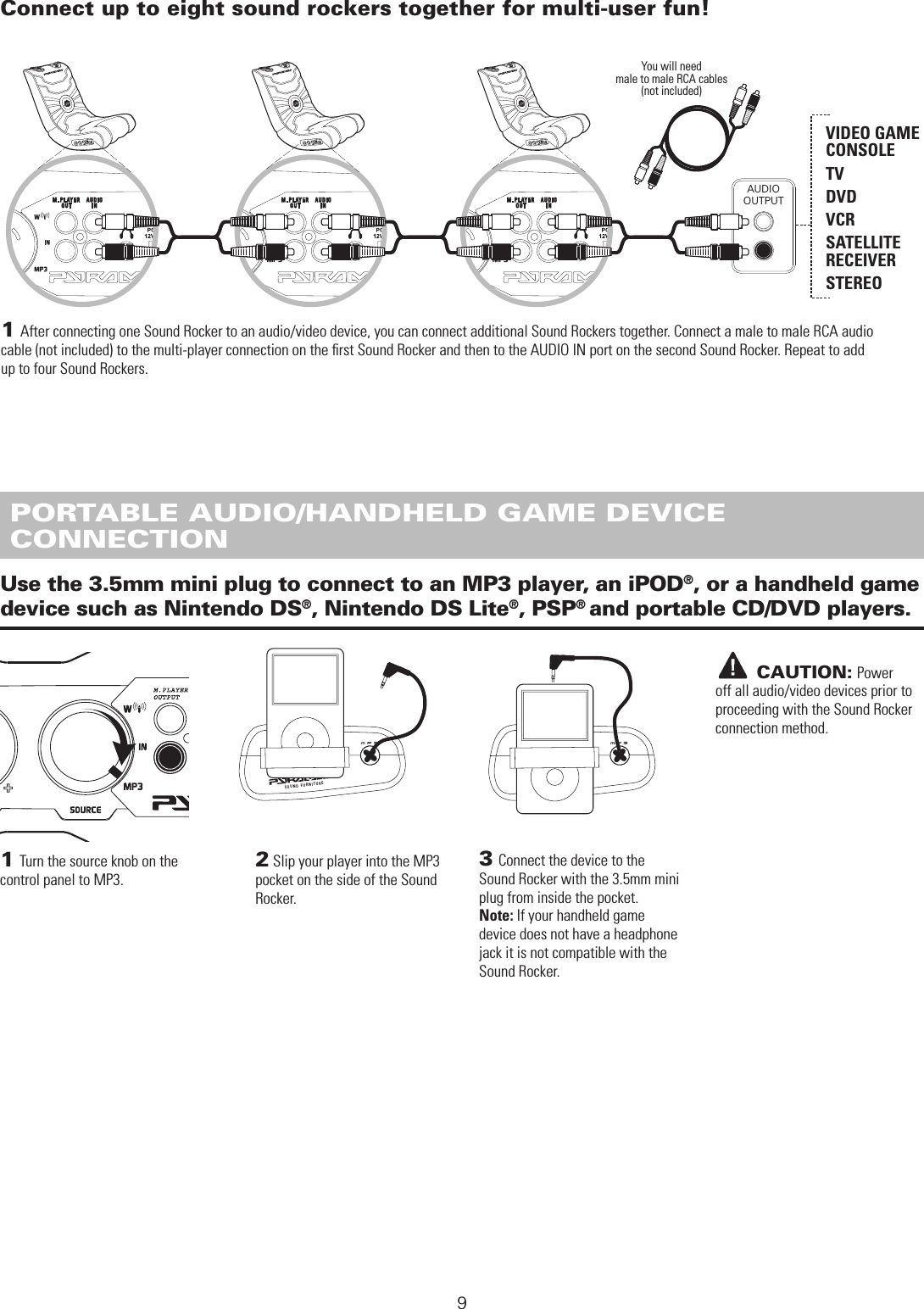 9AUDIO OUTPUT 1 After connecting one Sound Rocker to an audio/video device, you can connect additional Sound Rockers together. Connect a male to male RCA audio  cable (not included) to the multi-player connection on the ﬁrst Sound Rocker and then to the AUDIO IN port on the second Sound Rocker. Repeat to add  up to four Sound Rockers. DIRECT MULTI-USER CONNECTIONConnect up to eight sound rockers together for multi-user fun!You will need  male to male RCA cables (not included)VIDEO GAME  CONSOLE TV DVD VCR SATELLITE  RECEIVER STEREO2 Slip your player into the MP3 pocket on the side of the Sound Rocker.SOUND FURNITURESOUN D  FURNI T UR ESOUND FURNITURESOUN D  FURNI T UR E3 Connect the device to the Sound Rocker with the 3.5mm mini plug from inside the pocket. Note: If your handheld game device does not have a headphone jack it is not compatible with the Sound Rocker.1 Turn the source knob on the control panel to MP3.       CAUTION: Power off all audio/video devices prior to proceeding with the Sound Rocker connection method.Use the 3.5mm mini plug to connect to an MP3 player, an iPOD®, or a handheld game device such as Nintendo DS®, Nintendo DS Lite®, PSP® and portable CD/DVD players. PORTABLE AUDIO/HANDHELD GAME DEVICE  CONNECTION