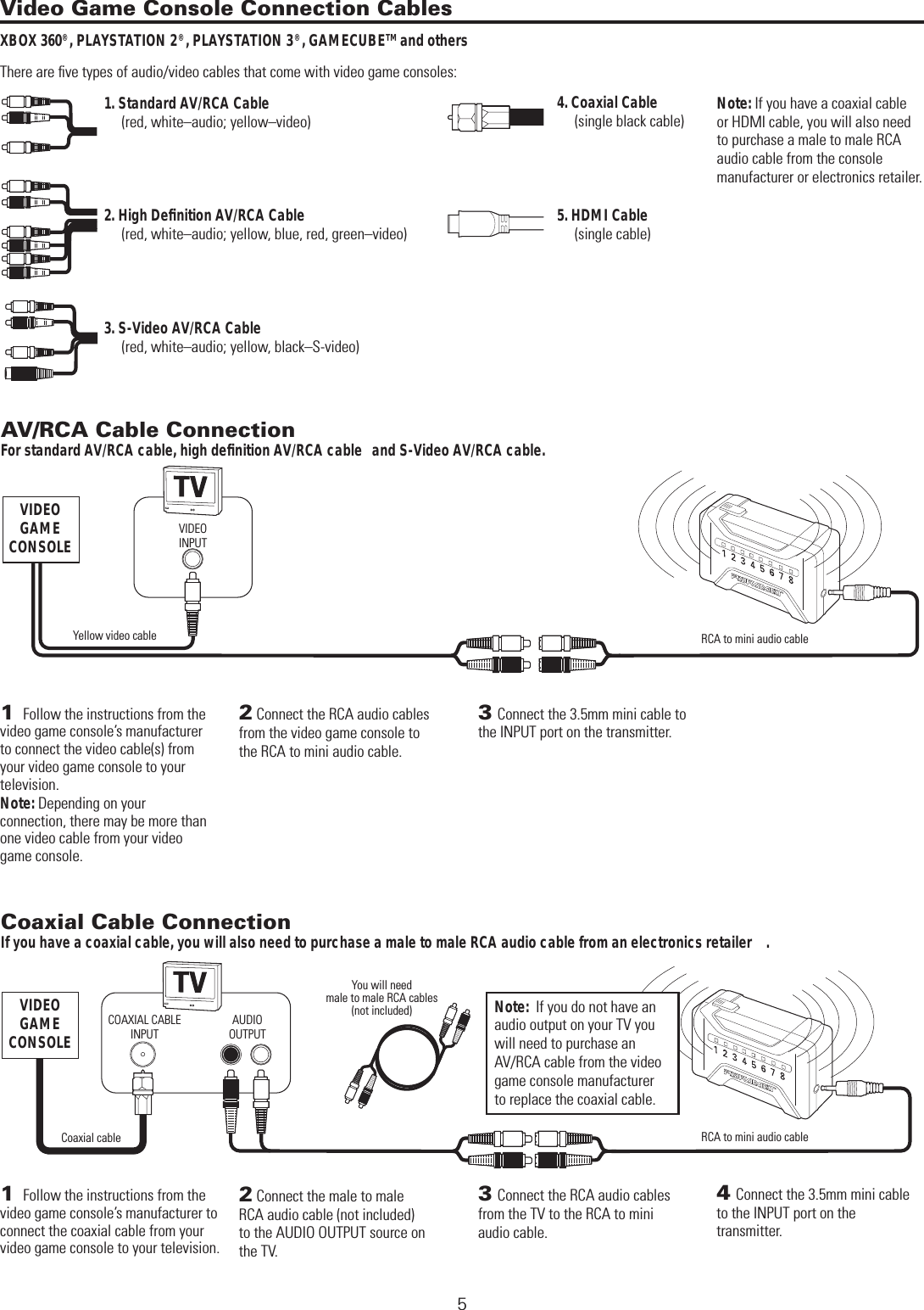  WIRELESS CONNECTION METHODS5Video Game Console Connection CablesXBOX 360®, PLAYSTATION 2®, PLAYSTATION 3®, GAMECUBETM and othersThere are ﬁve types of audio/video cables that come with video game consoles:  1. Standard AV/RCA Cable          (red, white–audio; yellow–video)      2. High Deﬁnition AV/RCA Cable          (red, white–audio; yellow, blue, red, green–video)  3. S-Video AV/RCA Cable        (red, white–audio; yellow, black–S-video)4. Coaxial Cable        (single black cable)5. HDMI Cable      (single cable)      Note: If you have a coaxial cable or HDMI cable, you will also need to purchase a male to male RCA audio cable from the console manufacturer or electronics retailer. Yellow video cableVIDEO GAME CONSOLEAV/RCA Cable Connection For standard AV/RCA cable, high deﬁnition AV/RCA cable  and S-Video AV/RCA cable.2 Connect the RCA audio cables from the video game console to the RCA to mini audio cable.3 Connect the 3.5mm mini cable to the INPUT port on the transmitter.1  Follow the instructions from the video game console’s manufacturer to connect the video cable(s) from your video game console to your television. Note: Depending on your  connection, there may be more than one video cable from your video game console.VIDEO INPUTRCA to mini audio cableVIDEO GAME CONSOLECoaxial cableYou will need  male to male RCA cables (not included)Coaxial Cable ConnectionIf you have a coaxial cable, you will also need to purchase a male to male RCA audio cable from an electronics retailer .2 Connect the male to male RCA audio cable (not included) to the AUDIO OUTPUT source on the TV.4 Connect the 3.5mm mini cable to the INPUT port on the  transmitter.1  Follow the instructions from the video game console’s manufacturer to connect the coaxial cable from your video game console to your television.3 Connect the RCA audio cables from the TV to the RCA to mini audio cable.COAXIAL CABLE INPUTAUDIO OUTPUTNote: If you do not have an audio output on your TV you  will need to purchase an  AV/RCA cable from the video game console manufacturer  to replace the coaxial cable.RCA to mini audio cable