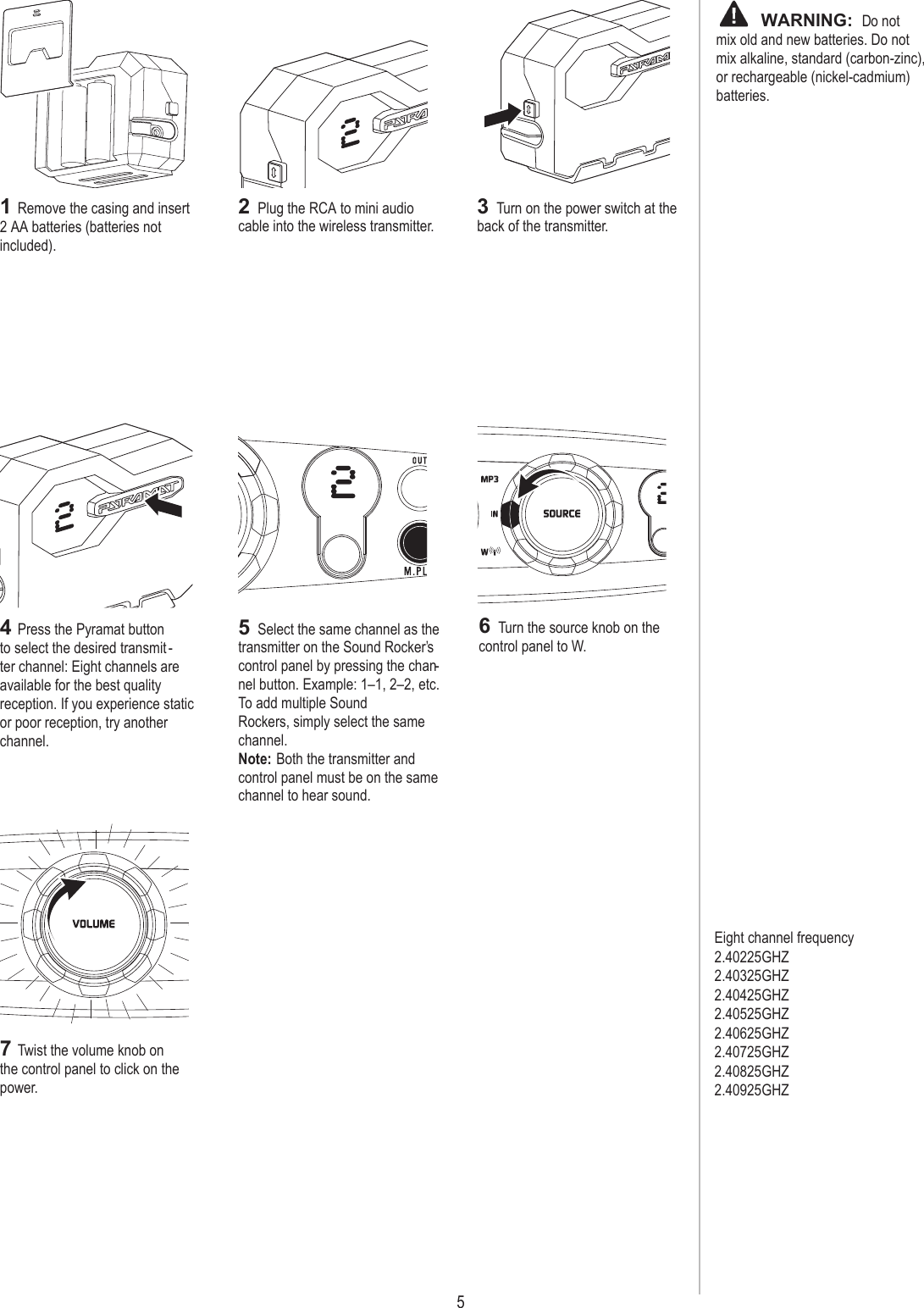 5 WIRELESS  TRANSMITTER SET-UP1 Remove the casing and insert 2 AA batteries (batteries not included).2 Plug the RCA to mini audio cable into the wireless transmitter.3 Turn on the power switch at the back of the transmitter.4 Press the Pyramat button to select the desired transmit -ter channel: Eight channels are available for the best quality reception. If you experience static or poor reception, try another channel.5 Select the same channel as the transmitter on the Sound Rocker’s control panel by pressing the chan-nel button. Example: 1–1, 2–2, etc. To add multiple Sound  Rockers, simply select the same channel.Note: Both the transmitter and control panel must be on the same channel to hear sound.7 Twist the volume knob on the control panel to click on the power.6 Turn the source knob on the control panel to W.       WARNING:  Do not mix old and new batteries. Do not mix alkaline, standard (carbon-zinc), or rechargeable (nickel-cadmium) batteries.Eight channel frequency2.40225GHZ2.40325GHZ2.40425GHZ2.40525GHZ2.40625GHZ2.40725GHZ2.40825GHZ2.40925GHZ