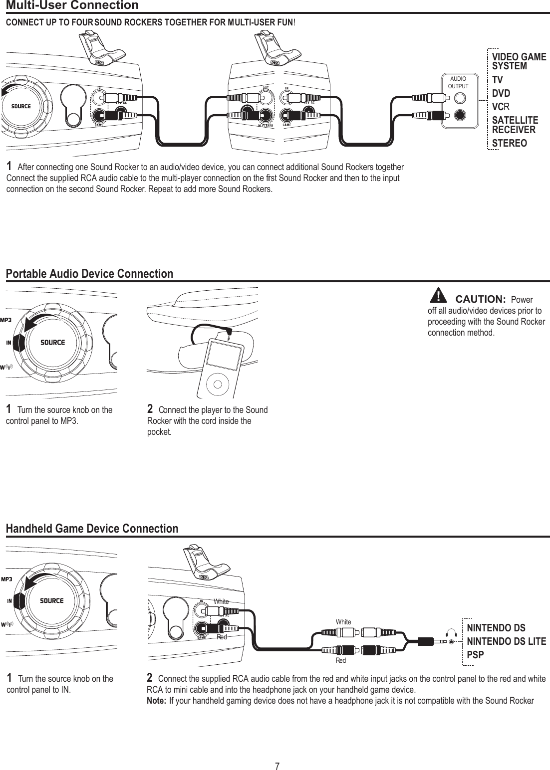 NINTENDO DSNINTENDO DS LITEPSP7CONNECT UP TO FOUR SOUND ROCKERS TOGETHER FOR MULTI-USER FUN!AUDIOOUTPUTVIDEO GAME SYSTEMTVDVDVCRSATELLITE RECEIVERSTEREO1 After connecting one Sound Rocker to an audio/video device, you can connect additional Sound Rockers together. Connect the supplied RCA audio cable to the multi-player connection on the ﬁrst Sound Rocker and then to the input connection on the second Sound Rocker. Repeat to add more Sound Rockers.2 Connect the player to the Sound Rocker with the cord inside the pocket.1 Turn the source knob on the control panel to MP3.       CAUTION:  Power off all audio/video devices prior to proceeding with the Sound Rocker connection method. DIRECT  CONNECTION METHODSMulti-User ConnectionPortable Audio Device ConnectionHandheld Game Device Connection2 Connect the supplied RCA audio cable from the red and white input jacks on the control panel to the red and white RCA to mini cable and into the headphone jack on your handheld game device.Note: If your handheld gaming device does not have a headphone jack it is not compatible with the Sound Rocker.RedRedWhiteWhite1 Turn the source knob on the control panel to IN.