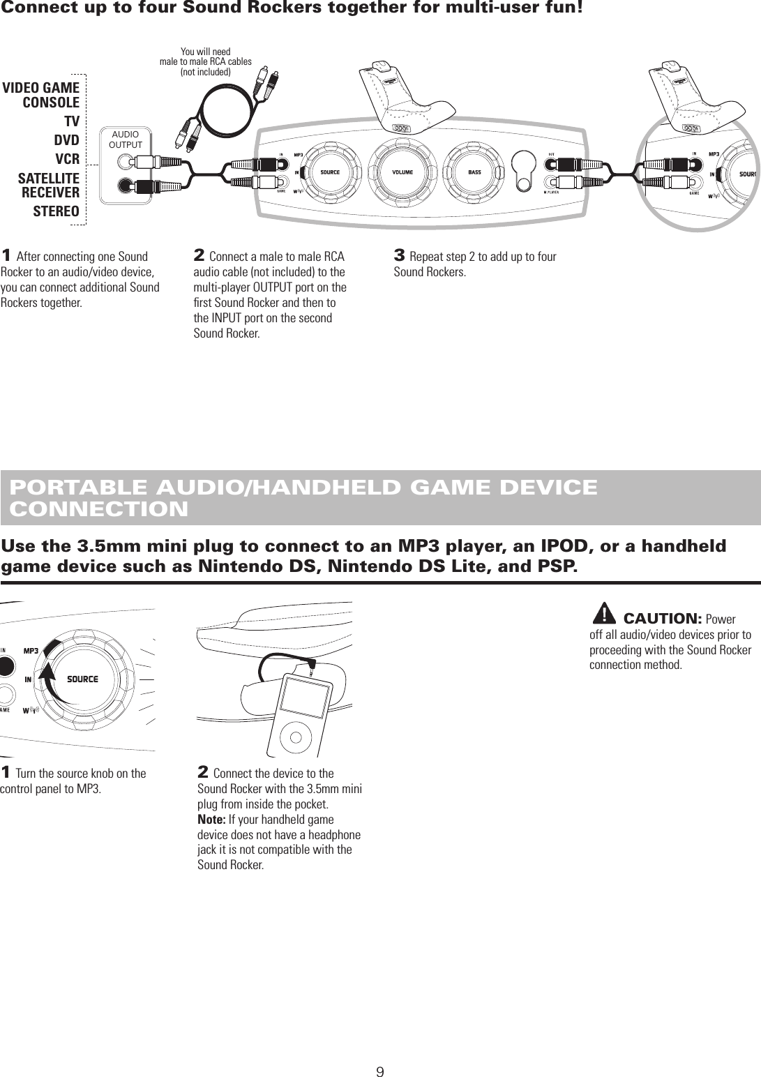 AUDIOOUTPUT2 Connect the device to the Sound Rocker with the 3.5mm mini plug from inside the pocket. Note: If your handheld game device does not have a headphone jack it is not compatible with the Sound Rocker.1 Turn the source knob on the control panel to MP3.       CAUTION: Power off all audio/video devices prior to proceeding with the Sound Rocker connection method. DIRECT MULTI-USER CONNECTIONConnect up to four Sound Rockers together for multi-user fun!Use the 3.5mm mini plug to connect to an MP3 player, an IPOD, or a handheld game device such as Nintendo DS, Nintendo DS Lite, and PSP.You will need  male to male RCA cables (not included)VIDEO GAME  CONSOLE TV DVD VCR SATELLITE  RECEIVER STEREO9 PORTABLE AUDIO/HANDHELD GAME DEVICE  CONNECTION1 After connecting one Sound Rocker to an audio/video device, you can connect additional Sound Rockers together.2 Connect a male to male RCA audio cable (not included) to the multi-player OUTPUT port on the ﬁrst Sound Rocker and then to  the INPUT port on the second  Sound Rocker.3 Repeat step 2 to add up to four Sound Rockers.