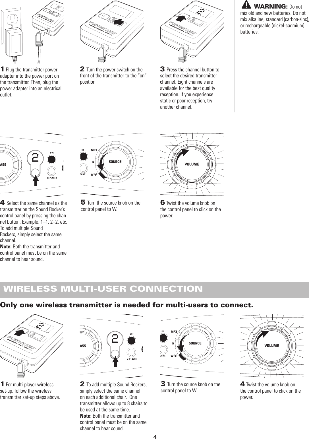 4 WIRELESS TRANSMITTER SET-UP1 Plug the transmitter power adapter into the power port on the transmitter. Then, plug the power adapter into an electrical outlet.2 Turn the power switch on the front of the transmitter to the “on” position 3 Press the channel button to select the desired transmitter  channel: Eight channels are  available for the best quality  reception. If you experience  static or poor reception, try  another channel. 4 Select the same channel as the transmitter on the Sound Rocker’s control panel by pressing the chan-nel button. Example: 1–1, 2–2, etc. To add multiple Sound  Rockers, simply select the same channel.Note: Both the transmitter and control panel must be on the same channel to hear sound.6 Twist the volume knob on the control panel to click on the power.5 Turn the source knob on the control panel to W.       WARNING: Do not mix old and new batteries. Do not mix alkaline, standard (carbon-zinc), or rechargeable (nickel-cadmium) batteries. WIRELESS MULTI-USER CONNECTION 1 For multi-player wireless  set-up, follow the wireless  transmitter set-up steps above.2 To add multiple Sound Rockers, simply select the same channel on each additional chair.  One transmitter allows up to 8 chairs to be used at the same time.  Note: Both the transmitter and control panel must be on the same channel to hear sound. 4 Twist the volume knob on the control panel to click on the power.3 Turn the source knob on the control panel to W.Only one wireless transmitter is needed for multi-users to connect.