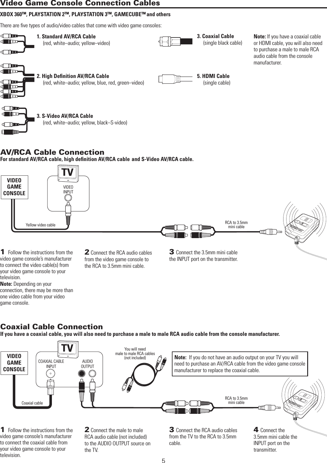 5Yellow video cableVIDEO GAME CONSOLEVideo Game Console Connection CablesXBOX 360TM, PLAYSTATION 2TM, PLAYSTATION 3TM, GAMECUBETM and othersThere are ﬁve types of audio/video cables that come with video game consoles:  1. Standard AV/RCA Cable          (red, white–audio; yellow–video)      2. High Deﬁnition AV/RCA Cable          (red, white–audio; yellow, blue, red, green–video)  3. S-Video AV/RCA Cable        (red, white–audio; yellow, black–S-video) WIRELESS CONNECTION METHODSVIDEO GAME CONSOLECoaxial cableYou will need  male to male RCA cables (not included)3. Coaxial Cable       (single black cable)5. HDMI Cable      (single cable)      AV/RCA Cable Connection For standard AV/RCA cable, high deﬁnition AV/RCA cable and S-Video AV/RCA cable.2 Connect the RCA audio cables from the video game console to the RCA to 3.5mm mini cable.3 Connect the 3.5mm mini cable the INPUT port on the transmitter.1  Follow the instructions from the video game console’s manufacturer to connect the video cable(s) from your video game console to your television. Note: Depending on your  connection, there may be more than one video cable from your video game console.Note: If you have a coaxial cable or HDMI cable, you will also need to purchase a male to male RCA audio cable from the console manufacturer. Coaxial Cable ConnectionIf you have a coaxial cable, you will also need to purchase a male to male RCA audio cable from the console manufacturer.2 Connect the male to male RCA audio cable (not included) to the AUDIO OUTPUT source on the TV.4 Connect the 3.5mm mini cable the INPUT port on the  transmitter.1  Follow the instructions from the video game console’s manufacturer to connect the coaxial cable from your video game console to your television.3 Connect the RCA audio cables from the TV to the RCA to 3.5mm cable.COAXIAL CABLE INPUTAUDIO OUTPUTVIDEO INPUTRCA to 3.5mm mini cableRCA to 3.5mm mini cableNote: If you do not have an audio output on your TV you will  need to purchase an AV/RCA cable from the video game console manufacturer to replace the coaxial cable.