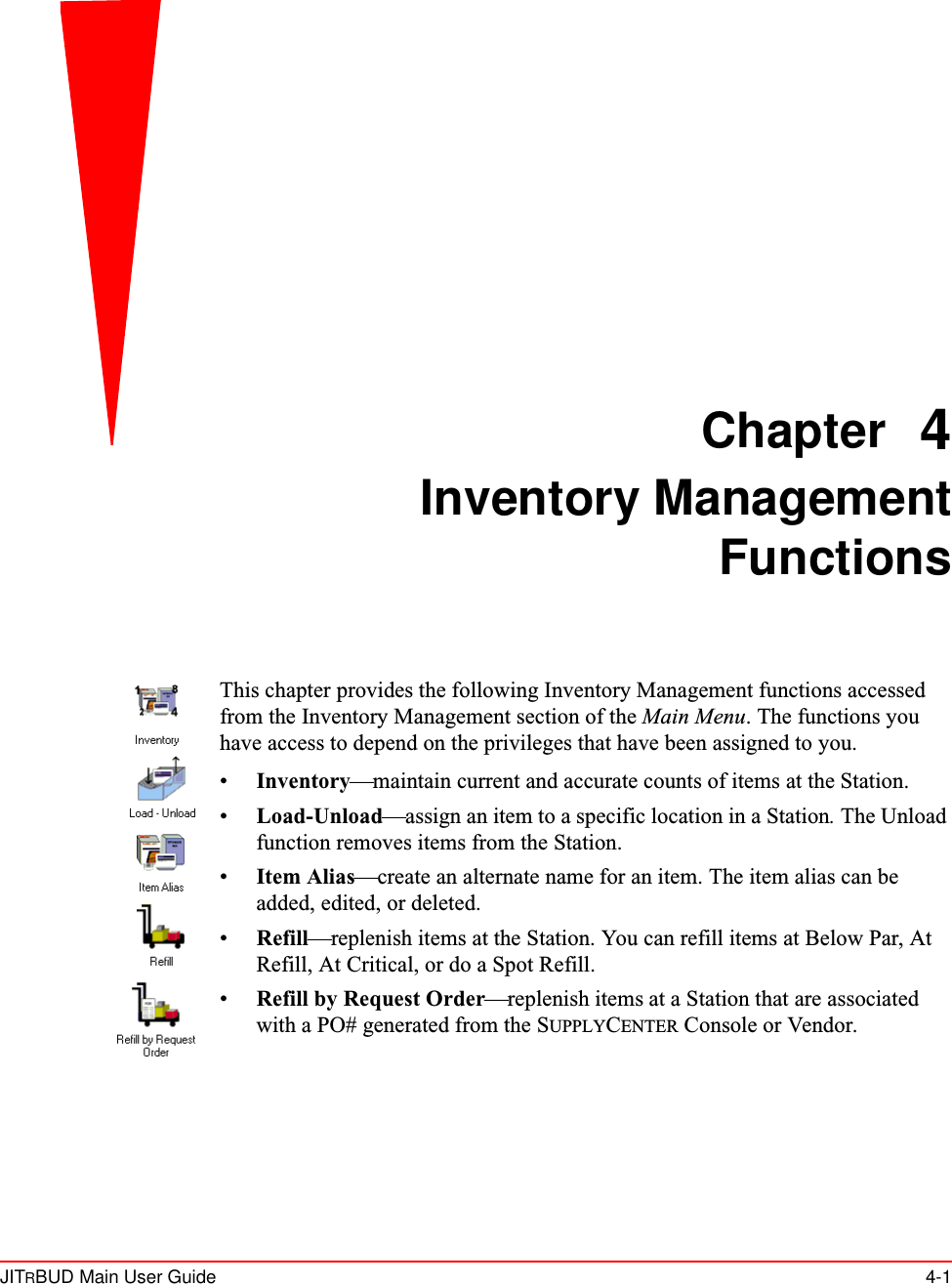 JITRBUD Main User Guide 4-1Chapter 4Inventory ManagementFunctionsThis chapter provides the following Inventory Management functions accessed from the Inventory Management section of the Main Menu. The functions you have access to depend on the privileges that have been assigned to you.•Inventory—maintain current and accurate counts of items at the Station.•Load-Unload—assign an item to a specific location in a Station. The Unload function removes items from the Station.•Item Alias—create an alternate name for an item. The item alias can be added, edited, or deleted.•Refill—replenish items at the Station. You can refill items at Below Par, At Refill, At Critical, or do a Spot Refill.•Refill by Request Order—replenish items at a Station that are associated with a PO# generated from the SUPPLYCENTER Console or Vendor.