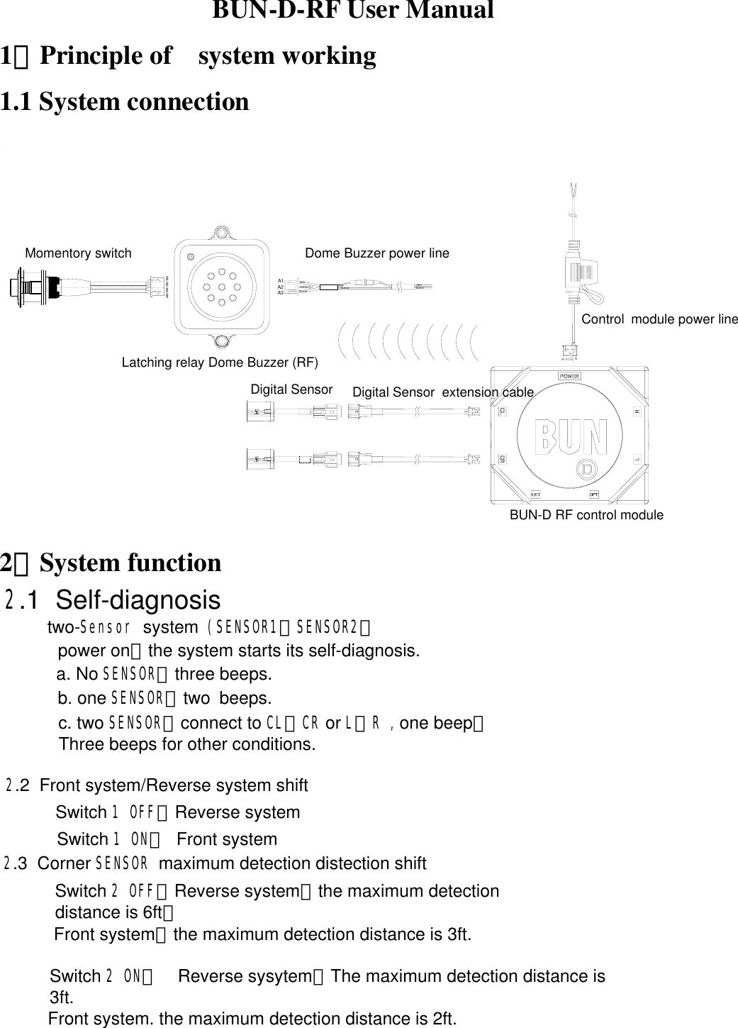  BUN-D-RF User Manual 1、Principle of system working 1.1 System connection 1BUN-D RF control moduleDigital Sensor extension cableDigital SensorA1A2A3A4B1B2B3B4RED REDBLACK BLACKREDGREENBLACKMomentory switch Dome Buzzer power lineLatching relay Dome Buzzer (RF)A1A2A3Control module power line2、System function power on，the system starts its self-diagnosis.a. No SENSOR：three beeps.b. one SENSOR：two beeps.c. two SENSOR：connect to CL、CR or L、R ,one beep；Three beeps for other conditions.Switch 1 OFF：Reverse systemSwitch 1 ON： Front systemSwitch 2 OFF：Reverse system，the maximum detection distance is 6ft；Front system，the maximum detection distance is 3ft.Switch 2 ON：  Reverse sysytem，The maximum detection distance is 3ft.Front system. the maximum detection distance is 2ft.2.1  Self-diagnosis          two-Sensor system (SENSOR1、SENSOR2）2.2  Front system/Reverse system shift           2.3  Corner SENSOR maximum detection distection shift            