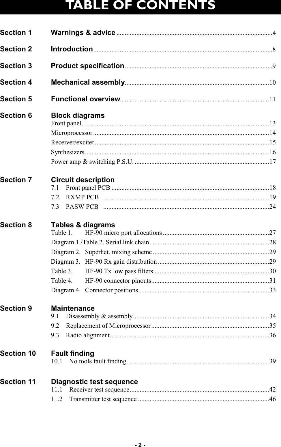   - 2 - TA B L E  O F  C O N T E N T S  Section 1          Warnings &amp; advice ..............................................................................................4  Section 2          Introduction ............................................................................................................8  Section 3          Product specification .........................................................................................9  Section 4          Mechanical assembly .......................................................................................10    Section 5          Functional overview .........................................................................................11  Section 6          Block diagrams                             Front panel .................................................................................................................13                                 Microprocessor ..........................................................................................................14                                 Receiver/exciter .........................................................................................................15                                 Synthesizers ...............................................................................................................16                                 Power amp &amp; switching P.S.U. .................................................................................17  Section 7          Circuit description                                 7.1    Front panel PCB ...............................................................................................18                                 7.2    RXMP PCB   ....................................................................................................19                                 7.3    PASW PCB   ....................................................................................................24  Section 8          Tables &amp; diagrams                             Table 1.        HF-90 micro port allocations ................................................................27                                 Diagram 1./Table 2. Serial link chain ........................................................................28                                 Diagram 2.   Superhet. mixing scheme ......................................................................29                                Diagram 3.   HF-90 Rx gain distribution ...................................................................29                                 Table 3.        HF-90 Tx low pass filters ......................................................................30                                 Table 4.        HF-90 connector pinouts .......................................................................31                                 Diagram 4.   Connector positions ..............................................................................33  Section 9          Maintenance                             9.1    Disassembly &amp; assembly ..................................................................................34                                 9.2    Replacement of Microprocessor .......................................................................35                                 9.3    Radio alignment ................................................................................................36  Section 10        Fault finding                             10.1    No tools fault finding ......................................................................................39             Section 11        Diagnostic test sequence                             11.1    Receiver test sequence ....................................................................................42                                 11.2    Transmitter test sequence ...............................................................................46                                     