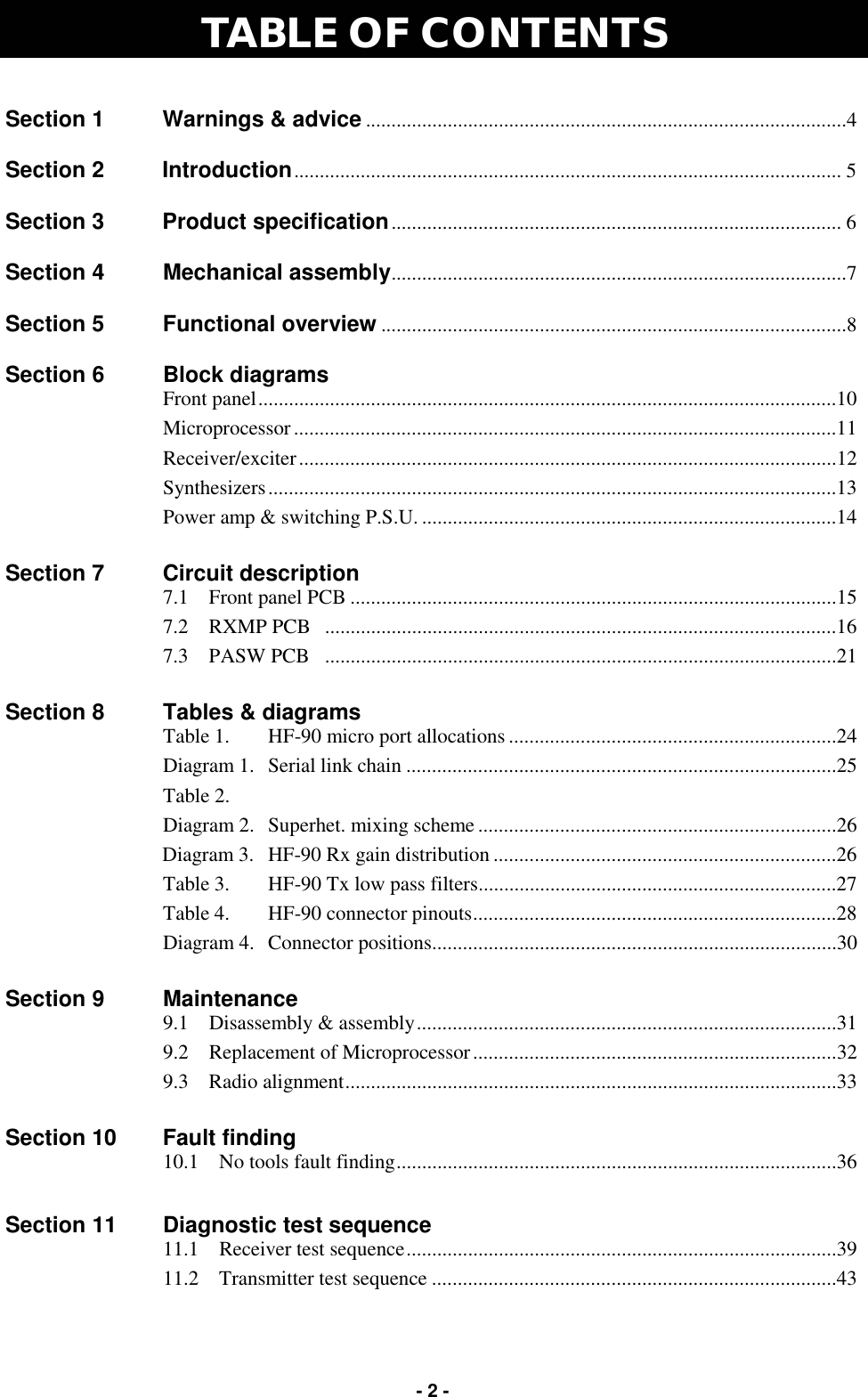   - 2 - TABLE OF CONTENTS Section 1     Warnings &amp; advice..............................................................................................4  Section 2  Introduction........................................................................................................... 5  Section 3  Product specification........................................................................................ 6  Section 4        Mechanical assembly.........................................................................................7    Section 5  Functional overview...........................................................................................8  Section 6  Block diagrams  Front panel.................................................................................................................10  Microprocessor..........................................................................................................11  Receiver/exciter.........................................................................................................12  Synthesizers...............................................................................................................13   Power amp &amp; switching P.S.U. .................................................................................14  Section 7   Circuit description   7.1    Front panel PCB ...............................................................................................15   7.2    RXMP PCB  ....................................................................................................16   7.3    PASW PCB  ....................................................................................................21  Section 8   Tables &amp; diagrams  Table 1.  HF-90 micro port allocations ................................................................24  Diagram 1. Serial link chain ....................................................................................25  Table 2.   Diagram 2.  Superhet. mixing scheme ......................................................................26   Diagram 3.  HF-90 Rx gain distribution ...................................................................26   Table 3.      HF-90 Tx low pass filters......................................................................27   Table 4.      HF-90 connector pinouts.......................................................................28   Diagram 4.  Connector positions...............................................................................30  Section 9   Maintenance  9.1    Disassembly &amp; assembly..................................................................................31   9.2    Replacement of Microprocessor.......................................................................32   9.3    Radio alignment................................................................................................33  Section 10  Fault finding  10.1    No tools fault finding......................................................................................36   Section 11  Diagnostic test sequence  11.1    Receiver test sequence....................................................................................39   11.2    Transmitter test sequence ...............................................................................43     