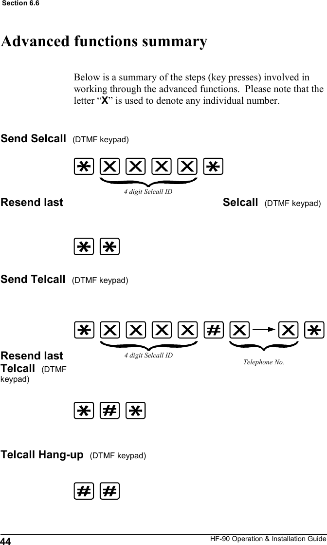 HF-90 Operation &amp; Installation Guide Advanced functions summary  Send Selcall  (DTMF keypad)     Resend last  Selcall  (DTMF keypad)      Send Telcall  (DTMF keypad)      Resend last Telcall  (DTMF keypad)      Telcall Hang-up  (DTMF keypad)      Below is a summary of the steps (key presses) involved in working through the advanced functions.  Please note that the letter “X” is used to denote any individual number. 4 digit Selcall ID Telephone No. 4 digit Selcall ID 44 Section 6.6 