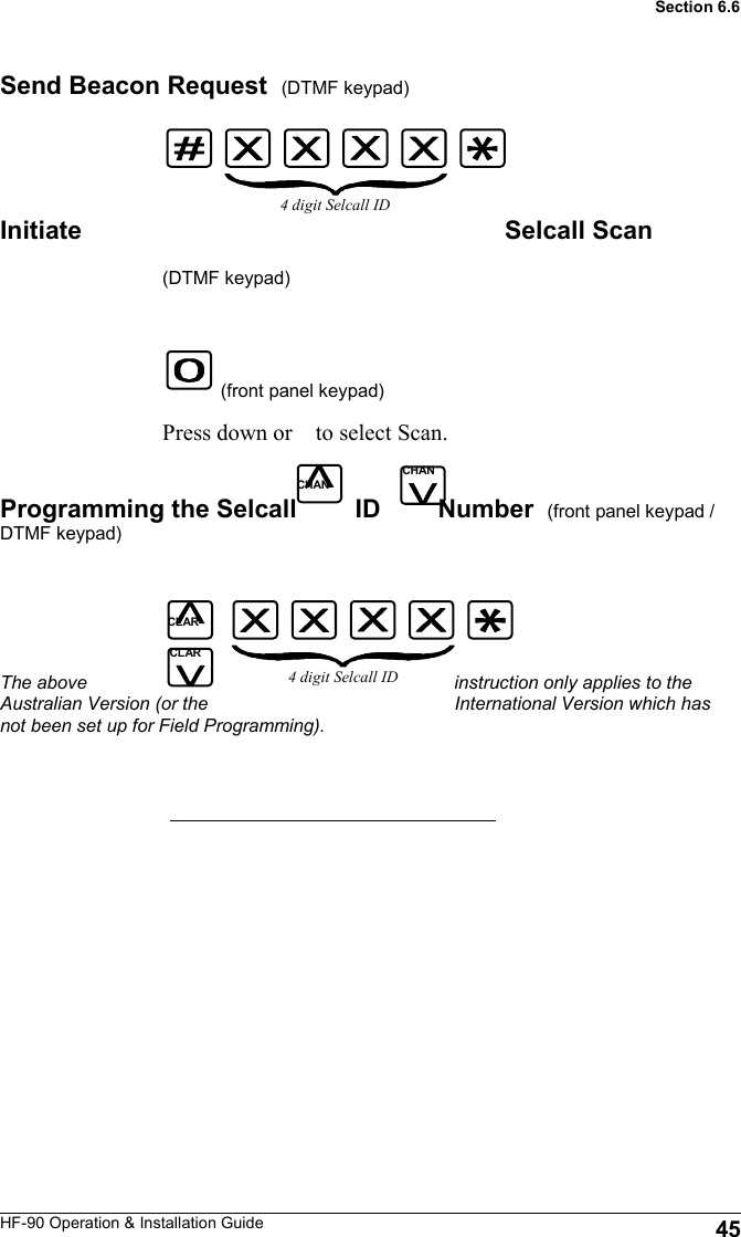 HF-90 Operation &amp; Installation Guide CHAN Send Beacon Request  (DTMF keypad)     Initiate  Selcall Scan                                         (DTMF keypad)                                                                            (front panel keypad)                                    Press down or    to select Scan.    Programming the Selcall  ID  Number    (front panel keypad / DTMF keypad)       The above  instruction only applies to the Australian Version (or the  International Version which has not been set up for Field Programming). CHAN CHAN 4 digit Selcall ID CLAR CLAR 4 digit Selcall ID 45 Section 6.6 