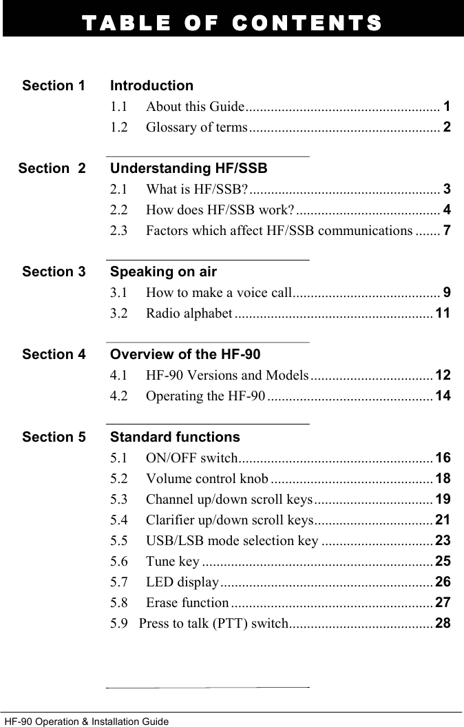 HF-90 Operation &amp; Installation Guide TABLE OF CONTENTSTABLE OF CONTENTSTABLE OF CONTENTSTABLE OF CONTENTS     Introduction                           1.1     About this Guide...................................................... 1  1.2     Glossary of terms..................................................... 2  Understanding HF/SSB    2.1     What is HF/SSB?..................................................... 3  2.2     How does HF/SSB work?........................................ 4  2.3     Factors which affect HF/SSB communications ....... 7  Speaking on air 3.1     How to make a voice call......................................... 9  3.2     Radio alphabet ....................................................... 11  Overview of the HF-90 4.1     HF-90 Versions and Models.................................. 12  4.2     Operating the HF-90 .............................................. 14  Standard functions 5.1     ON/OFF switch...................................................... 16 5.2     Volume control knob ............................................. 18 5.3     Channel up/down scroll keys................................. 19 5.4     Clarifier up/down scroll keys................................. 21 5.5     USB/LSB mode selection key ............................... 23 5.6     Tune key ................................................................ 25 5.7     LED display........................................................... 26 5.8     Erase function........................................................ 27 5.9   Press to talk (PTT) switch........................................ 28    Section 1    Section  2     Section 3    Section 4    Section 5 