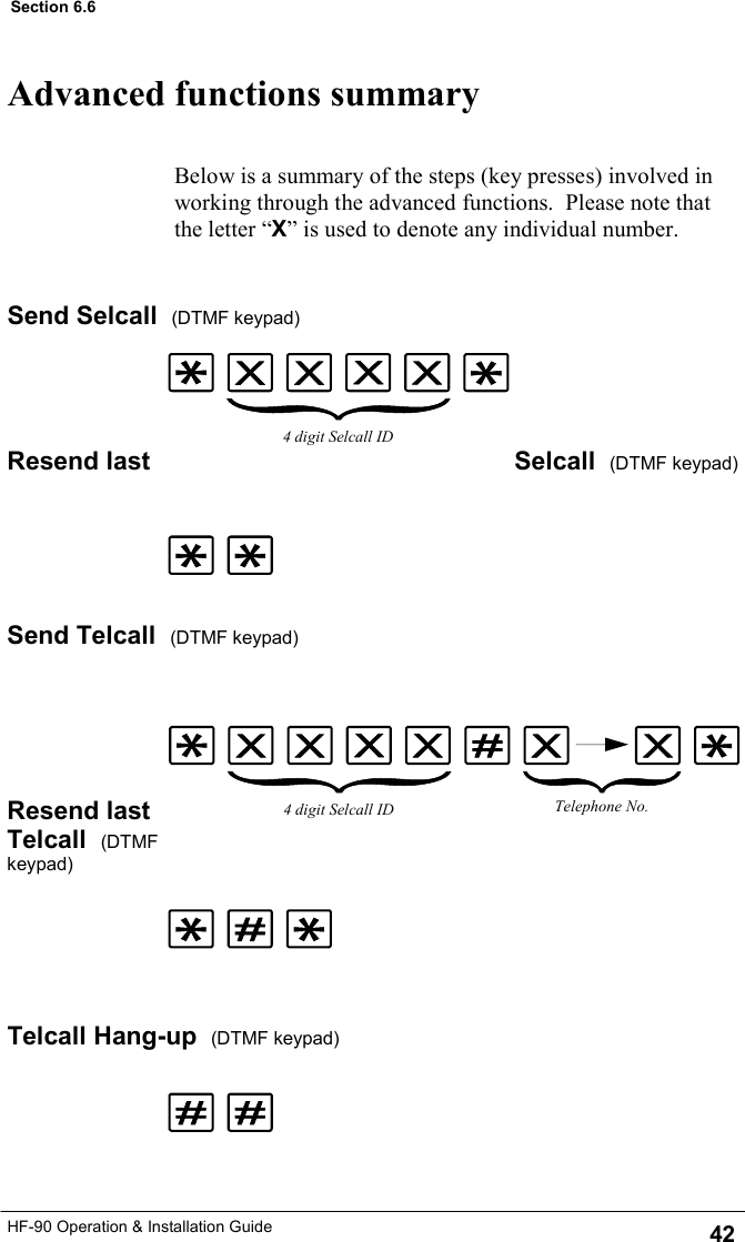 HF-90 Operation &amp; Installation Guide Advanced functions summary  Send Selcall  (DTMF keypad)     Resend last  Selcall  (DTMF keypad)      Send Telcall  (DTMF keypad)      Resend last Telcall  (DTMF keypad)      Telcall Hang-up  (DTMF keypad)     Below is a summary of the steps (key presses) involved in working through the advanced functions.  Please note that the letter “X” is used to denote any individual number. 4 digit Selcall ID Telephone No. 4 digit Selcall ID 42 Section 6.6 