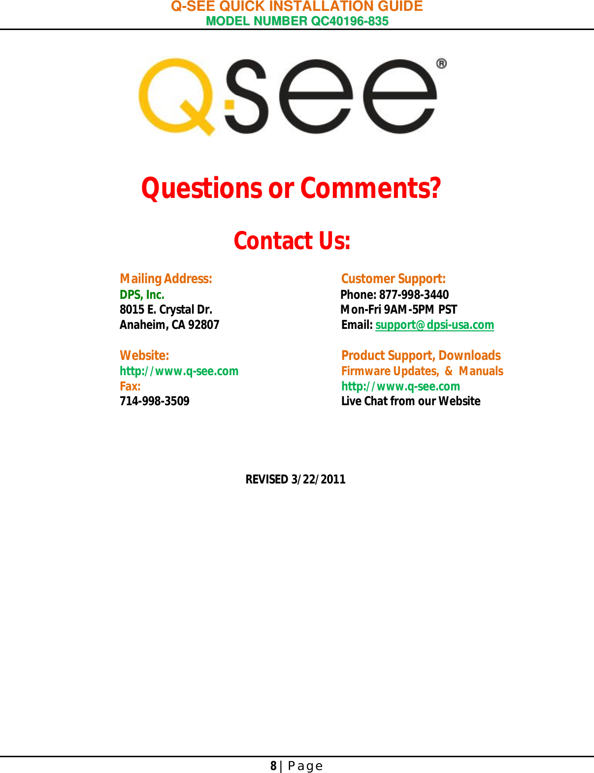 Page 9 of 9 - Q-See Q-See-Qc40196-835-Users-Manual- 44KRTC QUICK INSTALLATION GUIDE  Q-see-qc40196-835-users-manual
