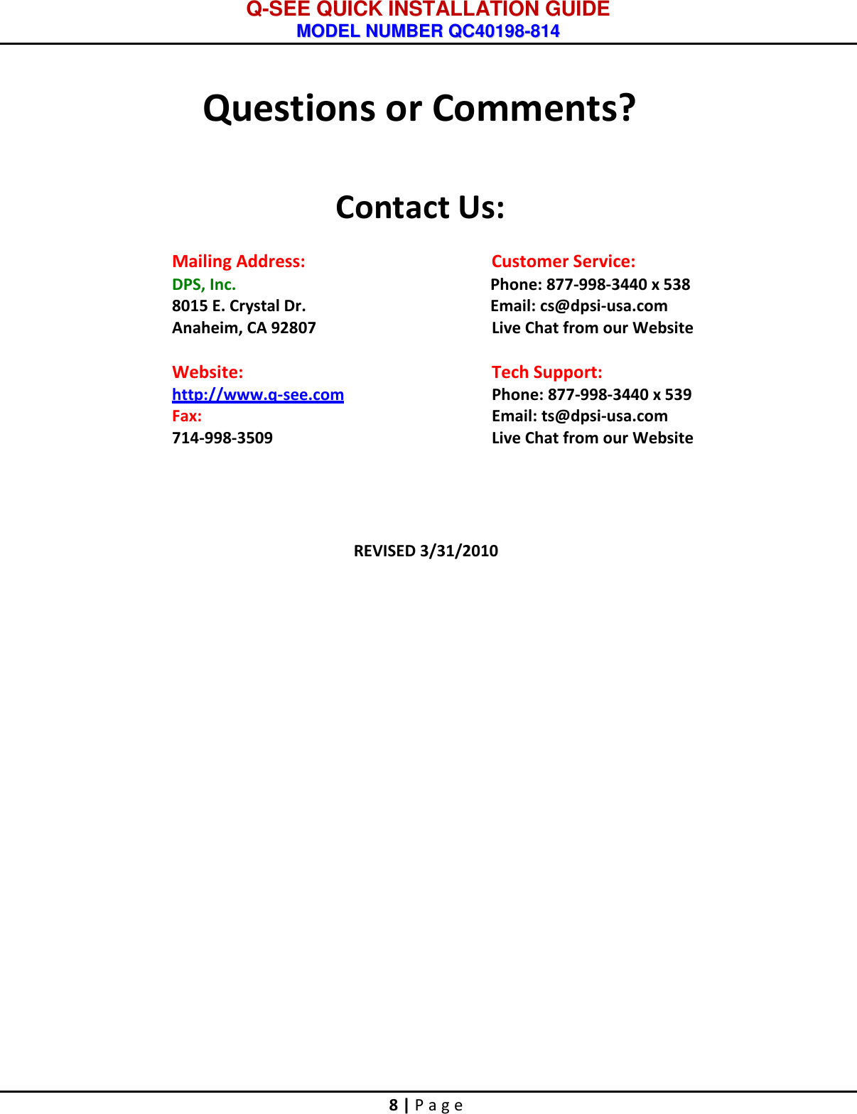 Page 9 of 9 - Q-See Q-See-Qc40198-814-Users-Manual- 44KRTC QUICK INSTALLATION GUIDE  Q-see-qc40198-814-users-manual