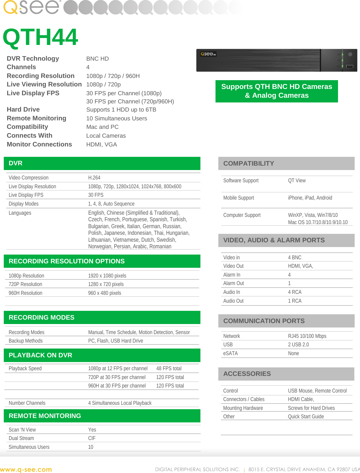 Page 1 of 2 - Q-See Qth44 Dvr Specs User Manual