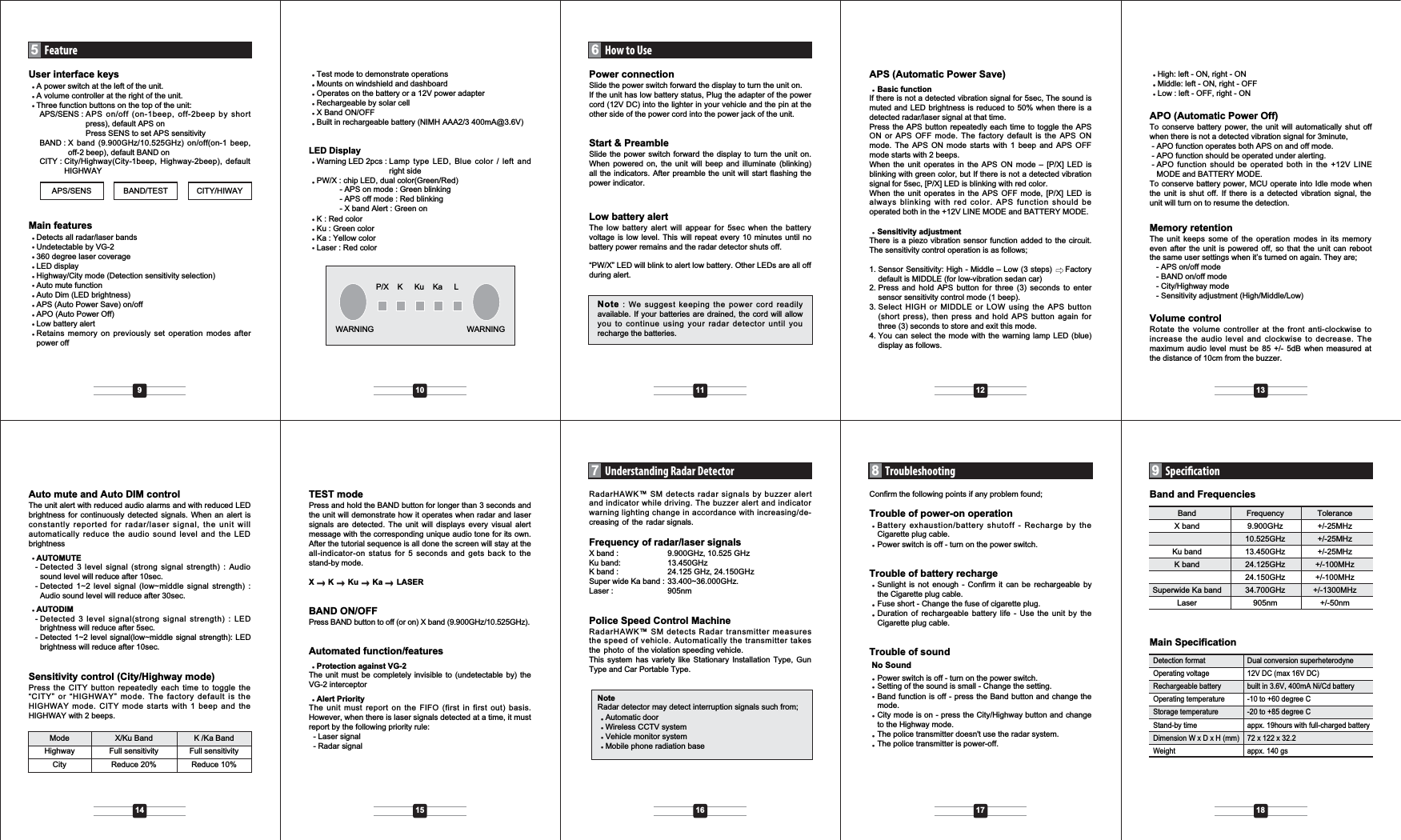 Auto mute and Auto DIM controlThe unit alert with reduced audio alarms and with reduced LEDbrightness for continuously detected signals. When an alert isconstantly reported for radar/laser signal, the unit willautomatically reduce the audio sound level and the LEDbrightnessAUTOMUTE- Detected 3 level signal (strong signal strength) : Audiosound level will reduce after 10sec.- Detected 1~2 level signal (low~middle signal strength) :Audio sound level will reduce after 30sec.AUTODIM- Detected 3 level signal(strong signal strength) : LEDbrightness will reduce after 5sec.- Detected 1~2 level signal(low~middle signal strength): LEDbrightness will reduce after 10sec.Sensitivity control (City/Highway mode)Press the CITY button repeatedly each time to toggle the&ldquo;CITY&rdquo; or &ldquo;HIGHWAY&rdquo; mode. The factory default is theHIGHWAY mode. CITY mode starts with 1 beep and theHIGHWAY with 2 beeps.TEST modePress and hold the BAND button for longer than 3 seconds andthe unit will demonstrate how it operates when radar and lasersignals are detected. The unit will displays every visual alertmessage with the corresponding unique audio tone for its own.After the tutorial sequence is all done the screen will stay at theall-indicator-on status for 5 seconds and gets back to thestand-by mode. XK Ku Ka LASERBAND ON/OFFPress BAND button to off (or on) X band (9.900GHz/10.525GHz).Automated function/featuresProtection against VG-2The unit must be completely invisible to (undetectable by) theVG-2 interceptorAlert PriorityThe unit must report on the FIFO (first in first out) basis.However, when there is laser signals detected at a time, it mustreport by the following priority rule:- Laser signal- Radar signalRadarHAWK&trade; SM detects radar signals by buzzer alertand indicator while driving. The buzzer alert and indicatorwarning lighting change in accordance with increasing/de-creasing of the radar signals.Frequency of radar/laser signalsX band : 9.900GHz, 10.525 GHzKu band: 13.450GHzK band : 24.125 GHz, 24.150GHzSuper wide Ka band : 33.400~36.000GHz.Laser : 905nmPolice Speed Control MachineRadarHAWK&trade; SM detects Radar transmitter measuresthe speed of vehicle. Automatically the transmitter takesthe photo of the violation speeding vehicle.This system has variety like Stationary Installation Type, GunType and Car Portable Type.NoteRadar detector may detect interruption signals such from;Automatic doorWireless CCTV systemVehicle monitor systemMobile phone radiation baseConfirm the following points if any problem found;Trouble of power-on operationBattery exhaustion/battery shutoff - Recharge by theCigarette plug cable.Power switch is off - turn on the power switch.Trouble of battery rechargeSunlight is not enough - Confirm it can be rechargeable bythe Cigarette plug cable.Fuse short - Change the fuse of cigarette plug.Duration of rechargeable battery life - Use the unit by theCigarette plug cable.Trouble of soundNo SoundPower switch is off - turn on the power switch.Setting of the sound is small - Change the setting.Band function is off - press the Band button and change themode.City mode is on - press the City/Highway button and changeto the Highway mode.The police transmitter doesn't use the radar system.The police transmitter is power-off.Main SpecificationDetection format Dual conversion superheterodyneOperating voltage 12V DC (max 16V DC)Rechargeable battery built in 3.6V, 400mA Ni/Cd batteryOperating temperature -10 to +60 degree CStorage temperature -20 to +85 degree CStand-by time appx. 19hours with full-charged batteryDimension W x D x H (mm) 72 x 122 x 32.2sg041.xppathgieWBand and FrequenciesBand Frequency ToleranceX band 9.900GHz +/-25MHz10.525GHz +/-25MHzKu band 13.450GHz +/-25MHzK band 24.125GHz +/-100MHz24.150GHz +/-100MHzSuperwide Ka band 34.700GHz +/-1300MHzLaser 905nm +/-50nmPower connectionSlide the power switch forward the display to turn the unit on.If the unit has low battery status, Plug the adapter of the powercord (12V DC) into the lighter in your vehicle and the pin at theother side of the power cord into the power jack of the unit.Start &amp; PreambleSlide the power switch forward the display to turn the unit on.When powered on, the unit will beep and illuminate (blinking)all the indicators. After preamble the unit will start flashing thepower indicator.Low battery alertThe low battery alert will appear for 5sec when the batteryvoltage is low level. This will repeat every 10 minutes until nobattery power remains and the radar detector shuts off.&ldquo;PW/X&rdquo; LED will blink to alert low battery. Other LEDs are all offduring alert.Note : We suggest keeping the power cord readilyavailable. If your batteries are drained, the cord will allowyou to continue using your radar detector until yourecharge the batteries.APS (Automatic Power Save)Basic functionIf there is not a detected vibration signal for 5sec, The sound ismuted and LED brightness is reduced to 50% when there is adetected radar/laser signal at that time.Press the APS button repeatedly each time to toggle the APSON or APS OFF mode. The factory default is the APS ONmode. The APS ON mode starts with 1 beep and APS OFFmode starts with 2 beeps.When the unit operates in the APS ON mode &ndash; [P/X] LED isblinking with green color, but If there is not a detected vibrationsignal for 5sec, [P/X] LED is blinking with red color.When the unit operates in the APS OFF mode, [P/X] LED isalways blinking with red color. APS function should beoperated both in the +12V LINE MODE and BATTERY MODE.Sensitivity adjustmentThere is a piezo vibration sensor function added to the circuit.The sensitivity control operation is as follows;1. Sensor Sensitivity: High - Middle &ndash; Low (3 steps) Factorydefault is MIDDLE (for low-vibration sedan car)2. Press and hold APS button for three (3) seconds to entersensor sensitivity control mode (1 beep).3. Select HIGH or MIDDLE or LOW using the APS button(short press), then press and hold APS button again forthree (3) seconds to store and exit this mode.4. You can select the mode with the warning lamp LED (blue)display as follows.High: left - ON, right - ON Middle: left - ON, right - OFFLow : left - OFF, right - ONAPO (Automatic Power Off)To conserve battery power, the unit will automatically shut offwhen there is not a detected vibration signal for 3minute,- APO function operates both APS on and off mode.- APO function should be operated under alerting.- APO function should be operated both in the +12V LINEMODE and BATTERY MODE.To conserve battery power, MCU operate into Idle mode whenthe unit is shut off. If there is a detected vibration signal, theunit will turn on to resume the detection.Memory retentionThe unit keeps some of the operation modes in its memoryeven after the unit is powered off, so that the unit can rebootthe same user settings when it&rsquo;s turned on again. They are;- APS on/off mode- BAND on/off mode- City/Highway mode- Sensitivity adjustment (High/Middle/Low)Volume controlRotate the volume controller at the front anti-clockwise toincrease the audio level and clockwise to decrease. Themaximum audio level must be 85 +/- 5dB when measured atthe distance of 10cm from the buzzer.Specication9Troubleshooting8Understanding Radar Detector7How to Use6Mode X/Ku Band K /Ka BandHighway Full sensitivity Full sensitivityCity Reduce 20% Reduce 10%User interface keysA power switch at the left of the unit.A volume controller at the right of the unit.Three function buttons on the top of the unit:APS/SENS : APS on/off (on-1beep, off-2beep by shortpress), default APS on Press SENS to set APS sensitivityBAND : X band (9.900GHz/10.525GHz) on/off(on-1 beep,off-2 beep), default BAND onCITY : City/Highway(City-1beep, Highway-2beep), defaultHIGHWAYMain featuresDetects all radar/laser bandsUndetectable by VG-2360 degree laser coverageLED displayHighway/City mode (Detection sensitivity selection)Auto mute functionAuto Dim (LED brightness)APS (Auto Power Save) on/off APO (Auto Power Off)Low battery alertRetains memory on previously set operation modes afterpower offTest mode to demonstrate operationsMounts on windshield and dashboardOperates on the battery or a 12V power adapterRechargeable by solar cellX Band ON/OFFBuilt in rechargeable battery (NIMH AAA2/3 400mA@3.6V)LED DisplayWarning LED 2pcs : Lamp type LED, Blue color / left andright sidePW/X : chip LED, dual color(Green/Red)- APS on mode : Green blinking- APS off mode : Red blinking- X band Alert : Green onK : Red colorKu : Green colorKa : Yellow colorLaser : Red colorFeature5APS/SENS BAND/TEST CITY/HIWAY15 16 17 181014911 12 13P/X K Ku    Ka LGNINRAWGNINRAW
