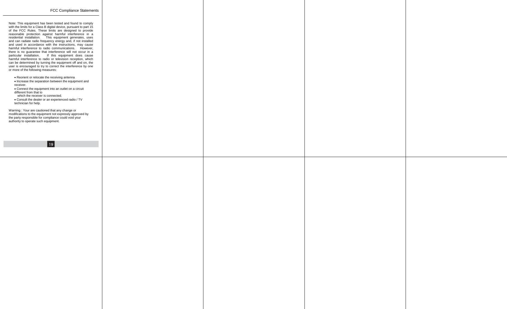      FCC Compliance Statements  Note: This equipment has been tested and found to comply with the limits for a Class B digital device, pursuant to part 15 of the FCC Rules. These limits are designed to provide reasonable protection against harmful interference in a residential installation.   This equipment generates, uses and can radiate radio frequency energy and, if not installed and used in accordance with the instructions, may cause harmful interference to radio communications.   However, there is no guarantee that interference will not occur in a particular installation.   If this equipment does cause harmful interference to radio or television reception, which can be determined by turning the equipment off and on, the user is encouraged to try to correct the interference by one or more of the following measures:  &bull; Reorient or relocate the receiving antenna &bull; Increase the separation between the equipment and receiver. &bull; Connect the equipment into an outlet on a circuit different from that to     which the receiver is connected. &bull; Consult the dealer or an experienced radio / TV technician for help.  Warning : Your are cautioned that any change or modifications to the equipment not expressly approved by the party responsible for compliance could void your authority to operate such equipment.              