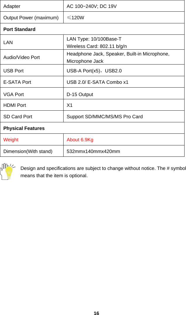  16Adapter  AC 100~240V; DC 19V Output Power (maximum)  ≤120W Port Standard LAN  LAN Type: 10/100Base-T Wireless Card: 802.11 b/g/n Audio/Video Port  Headphone Jack, Speaker, Built-in Microphone, Microphone Jack USB Port  USB-A Port(x5)，USB2.0 E-SATA Port  USB 2.0/ E-SATA Combo x1 VGA Port  D-15 Output HDMI Port  X1 SD Card Port    Support SD/MMC/MS/MS Pro Card Physical Features Weight  About 6.9Kg Dimension(With stand)  532mmx140mmx420mm  Design and specifications are subject to change without notice. The # symbol means that the item is optional.   