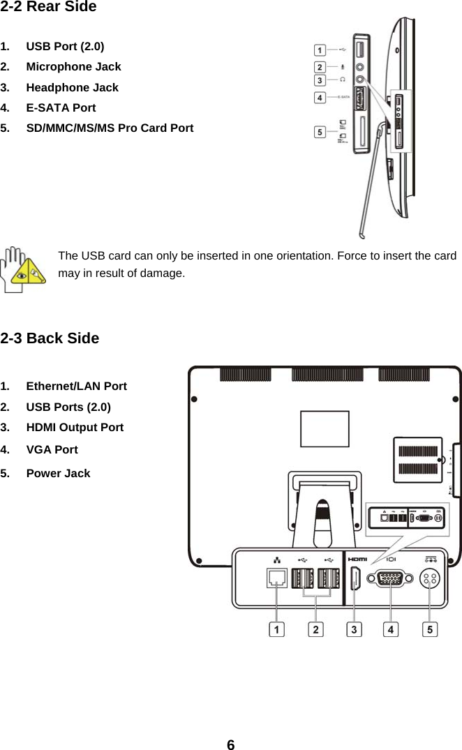  62-2 Rear Side  1. USB Port (2.0) 2. Microphone Jack 3. Headphone Jack 4. E-SATA Port 5.  SD/MMC/MS/MS Pro Card Port       The USB card can only be inserted in one orientation. Force to insert the card may in result of damage.  2-3 Back Side    1. Ethernet/LAN Port 2. USB Ports (2.0) 3.  HDMI Output Port 4. VGA Port 5. Power Jack           