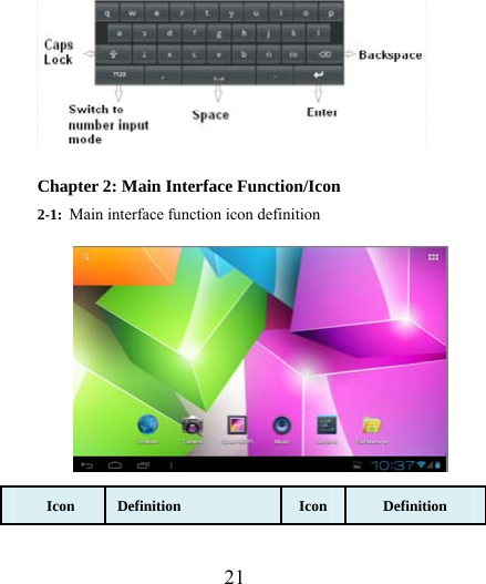                   21  Chapter 2: Main Interface Function/Icon 2-1: Main interface function icon definition                Icon  Definition  Icon  Definition 