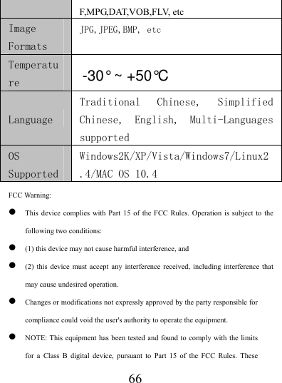                   66 F,MPG,DAT,VOB,FLV, etc Image Formats JPG,JPEG,BMP, etc Temperature   Language Traditional  Chinese,  Simplified Chinese,  English,  Multi-Languages supported OS Supported Windows2K/XP/Vista/Windows7/Linux2.4/MAC OS 10.4 FCC Warning: z This device complies with Part 15 of the FCC Rules. Operation is subject to the following two conditions:   z (1) this device may not cause harmful interference, and z (2) this device must accept any interference received, including interference that may cause undesired operation. z Changes or modifications not expressly approved by the party responsible for compliance could void the user&apos;s authority to operate the equipment. z NOTE: This equipment has been tested and found to comply with the limits for a Class B digital device, pursuant to Part 15 of the FCC Rules. These  -30° ~ +50°C