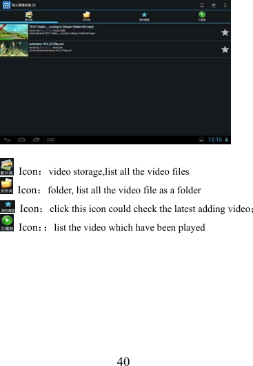                    40   Icon：video storage,list all the video files  Icon：folder, list all the video file as a folder  Icon：click this icon could check the latest adding video；  Icon：：list the video which have been played 