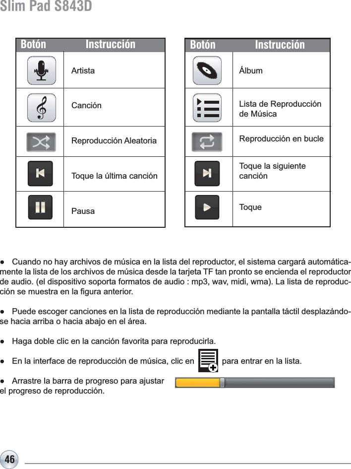 46Slim Pad S843DÈOEXPBotón Instrucción$UWLVWDCanción5HSURGXFFLyQ$OHDWRULDToque la última canción PausaBotón InstrucciónƔ &amp;XDQGRQRKD\DUFKLYRVGHP~VLFDHQODOLVWDGHOUHSURGXFWRUHOVLVWHPDFDUJDUiDXWRPiWLFD-mente la lista de los archivos de música desde la tarjeta TF tan pronto se encienda el reproductor GHDXGLRHOGLVSRVLWLYRVRSRUWDIRUPDWRVGHDXGLRPSZDYPLGLZPD/DOLVWDGHUHSURGXF-FLyQVHPXHVWUDHQOD¿JXUDDQWHULRUƔ 3XHGHHVFRJHUFDQFLRQHVHQODOLVWDGHUHSURGXFFLyQPHGLDQWHODSDQWDOODWiFWLOGHVSOD]iQGR-se hacia arriba o hacia abajo en el área.Ɣ +DJDGREOHFOLFHQODFDQFLyQIDYRULWDSDUDUHSURGXFLUODƔ (QODLQWHUIDFHGHUHSURGXFFLyQGHP~VLFDFOLFHQSDUDHQWUDUHQODOLVWDƔ $UUDVWUHODEDUUDGHSURJUHVRSDUDDMXVWDUel progreso de reproducción.Lista de Reproducción de MúsicaReproducción en bucleToqueToque la siguiente canción