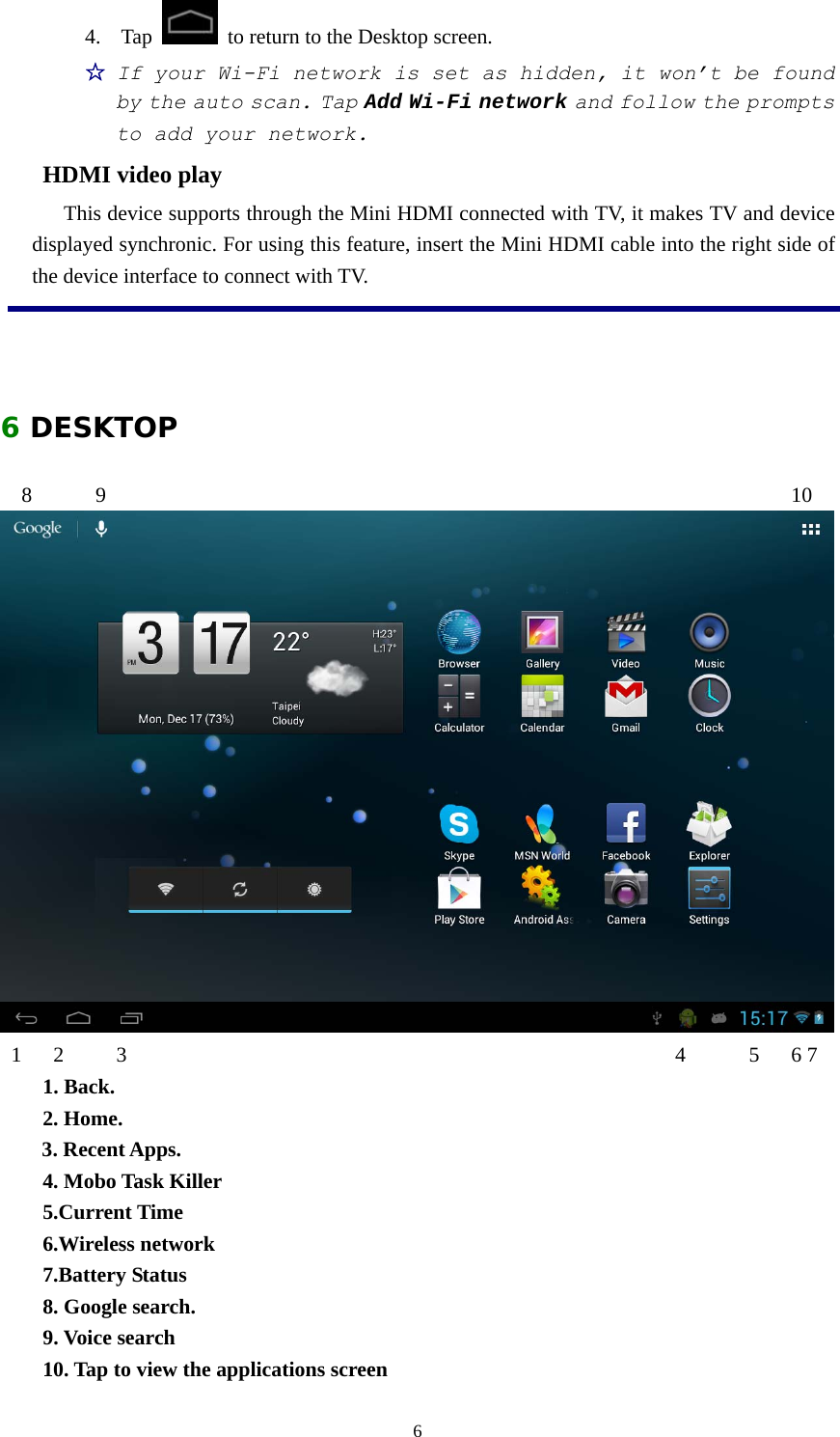  64. Tap   to return to the Desktop screen. ☆ If your Wi-Fi network is set as hidden, it won’t be found by the auto scan. Tap Add Wi-Fi network and follow the prompts to add your network. HDMI video play This device supports through the Mini HDMI connected with TV, it makes TV and device displayed synchronic. For using this feature, insert the Mini HDMI cable into the right side of the device interface to connect with TV.  6 DESKTOP 8      9                                                                 10  1   2     3                                                    4      5   6 7 1. Back.   2. Home. 3. Recent Apps. 4. Mobo Task Killer 5.Current Time 6.Wireless network 7.Battery Status 8. Google search. 9. Voice search 10. Tap to view the applications screen 