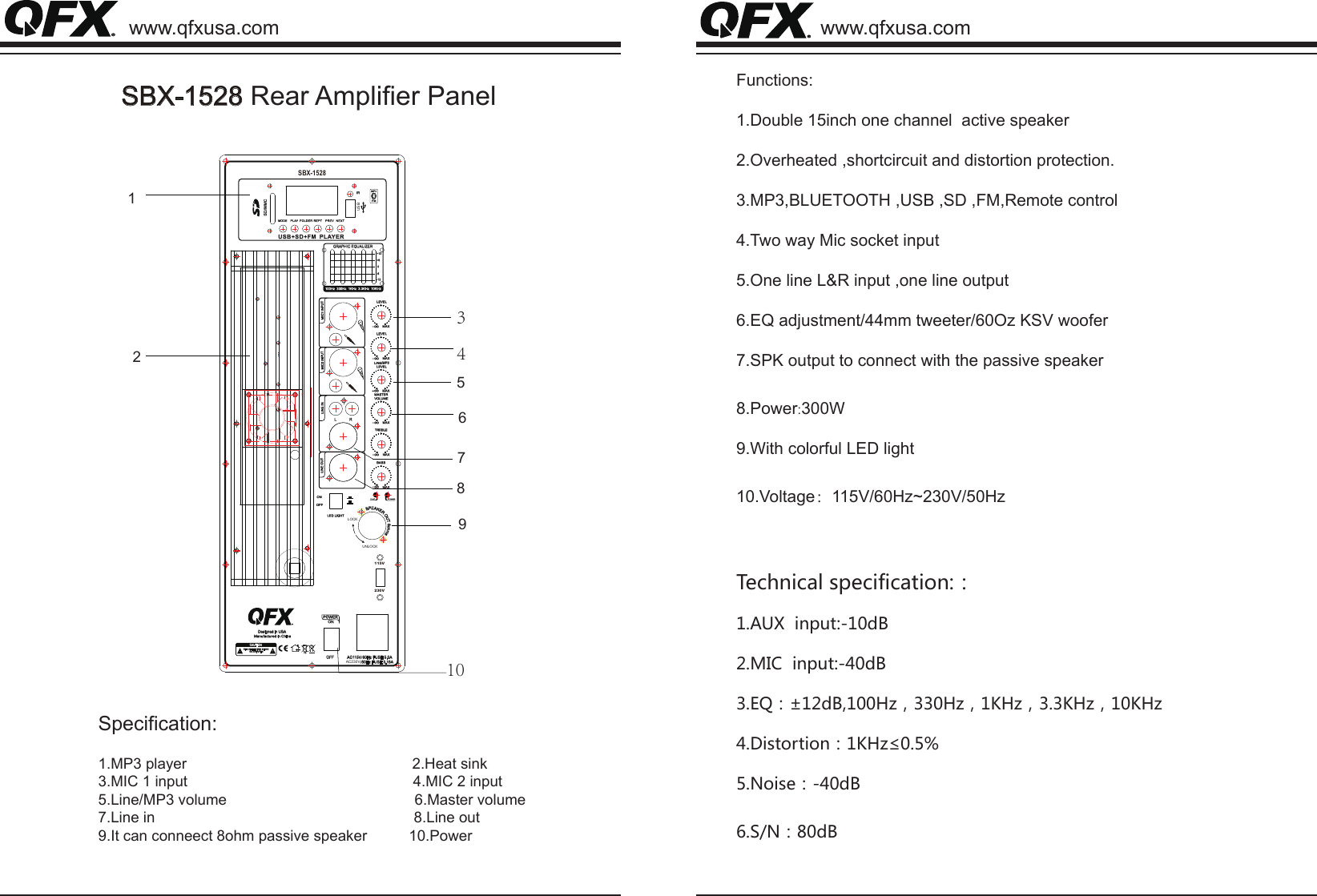 SBX-1528 Rear Amplifier PanelFunctions:1.Double 15inch one channel  active speaker 2.Overheated ,shortcircuit and distortion protection.3.MP3,BLUETOOTH ,USB ,SD ,FM,Remote control4.Two way Mic socket input 5.One line L&amp;R input ,one line output 6.EQ adjustment/44mm tweeter/60Oz KSV woofer 7.SPK output to connect with the passive speaker 8.Power:300W9.With colorful LED light10.Voltage：115V/60Hz~230V/50Hz Technical specification:：1.AUX  input:-10dB2.MIC  input:-40dB3.EQ：±12dB,100Hz，330Hz，1KHz，3.3KHz，10KHz4.Distortion：1KHz≤0.5%5.Noise：-40dB6.S/N：80dB   12456 789310Specification:1.MP3 player                                                      2.Heat sink3.MIC 1 input                                                      4.MIC 2 input 5.Line/MP3 volume                                             6.Master volume 7.Line in                                                              8.Line out9.It can conneect 8ohm passive speaker          10.Powerwww.qfxusa.com www.qfxusa.com +12+6-6 0-12GRAPHIC EQUALIZERLEVEL-∞MAXLEVEL-∞MAXLINE/MP3LEVEL-∞MAXMASTERVOLUME-∞MAXTREBLE-∞MAXBASS-∞MAXON OFFLED LIGHT      SPEAKER OUT 8ohmsLOCKUNLOCKONOFFPOWERMOD EIRSD/MMCPLAY FOL DER R EPT PRE V N EXTUS B+S D+F M  PLAYERFM100Hz  330Hz  1KHz  3.3KHz  10KHzTUPNI 1CIMTUPNI 2CIMNI ENILTUO ENILAC115V/60Hz FUSE 5.0AAC230V/50Hz FUSE 3.15A115V230VSBX-1528CAUTIONRISK OF ELECTRIC SHOCK DO NOT OPENBSU    Designed in USAManufactured in China