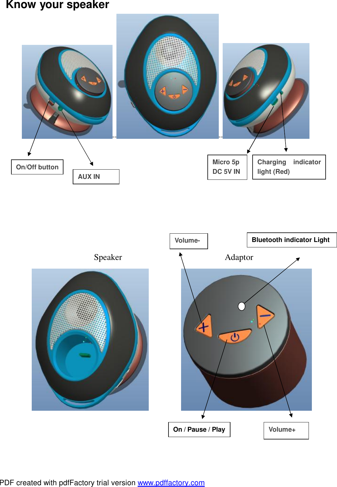 Know your speaker -- --                                 Speaker                                Adaptor                                                                           On / Pause / Play Volume- Volume+ On/Off button Charging indicator light (Red) Bluetooth indicator Light AUX IN Micro 5p  DC 5V IN PDF created with pdfFactory trial version www.pdffactory.com