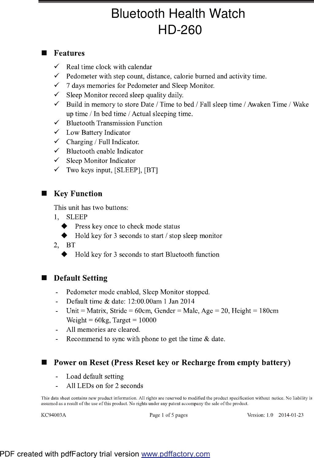 Bluetooth Health WatchHD-260