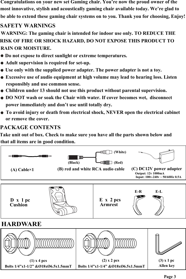 QIANGLONG FURNITURE 4001200 VIDEO GAMING CHAIR User Manual