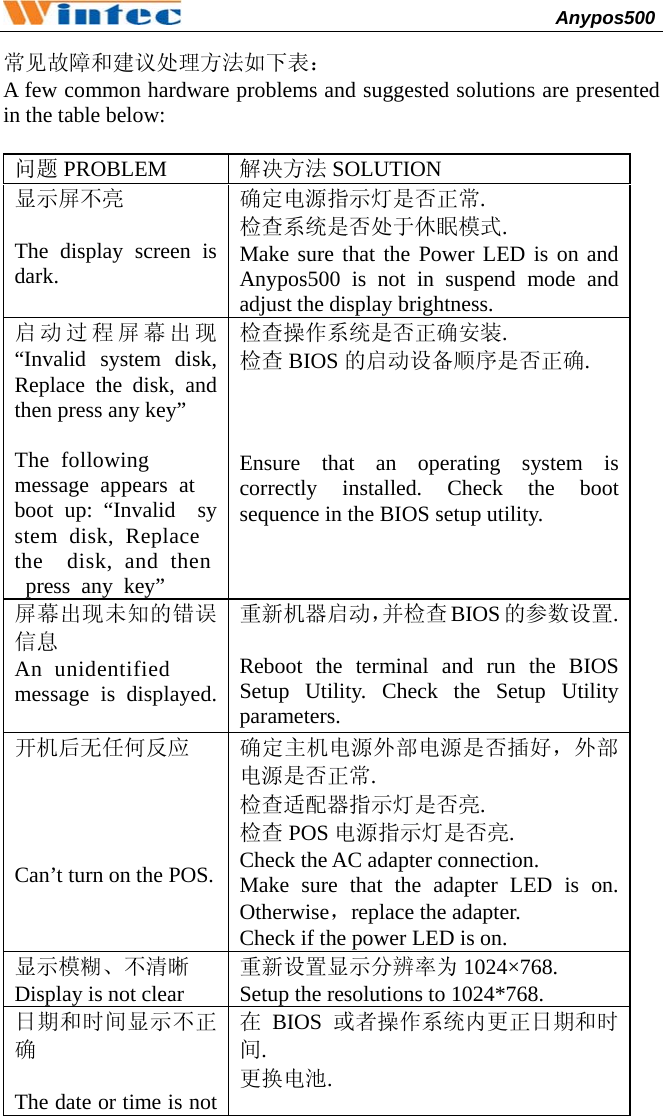                                              Anypos500         常见故障和建议处理方法如下表： A few common hardware problems and suggested solutions are presented in the table below:  问题 PROBLEM  解决方法 SOLUTION 显示屏不亮  The display screen is dark. 确定电源指示灯是否正常. 检查系统是否处于休眠模式. Make sure that the Power LED is on and Anypos500 is not in suspend mode and adjust the display brightness.   启动过程屏幕出现“Invalid system disk, Replace the disk, and then press any key”  The following      message appears at  boot up: “Invalid  system disk, Replace  the  disk, and then  press any key”  检查操作系统是否正确安装. 检查 BIOS 的启动设备顺序是否正确.    Ensure that an operating system is correctly installed. Check the boot sequence in the BIOS setup utility.   屏幕出现未知的错误信息 An unidentified    message is displayed.  重新机器启动，并检查 BIOS 的参数设置.  Reboot the terminal and run the BIOS Setup Utility. Check the Setup Utility parameters.  开机后无任何反应     Can’t turn on the POS. 确定主机电源外部电源是否插好，外部电源是否正常. 检查适配器指示灯是否亮. 检查 POS 电源指示灯是否亮. Check the AC adapter connection.   Make sure that the adapter LED is on. Otherwise，replace the adapter. Check if the power LED is on.   显示模糊、不清晰 Display is not clear 重新设置显示分辨率为 1024×768. Setup the resolutions to 1024*768. 日期和时间显示不正确  The date or time is not 在BIOS 或者操作系统内更正日期和时间. 更换电池.  