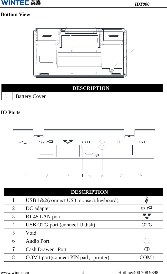 IDT800 www.wintec.cn  4 Hotline:400 708 9898 Bottom View    IO Ports  DESCRIPTION 1  USB 1&amp;2(connect USB mouse &amp; keyboard)2  DC adapter3  RJ-45 LAN port4  USB OTG port (connect U disk)OTG5  Void6  Audio Port 7  Cash Drawer1 Port CD8  COM1 port(connect PIN pad，printer)COM1DESCRIPTION 1  Battery Cover 