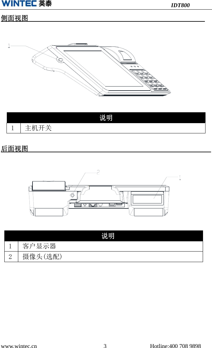 IDT800 www.wintec.cn  3 Hotline:400 708 9898 侧面视图后面视图说明1  主机开关说明1  客户显示器2  摄像头(选配) 