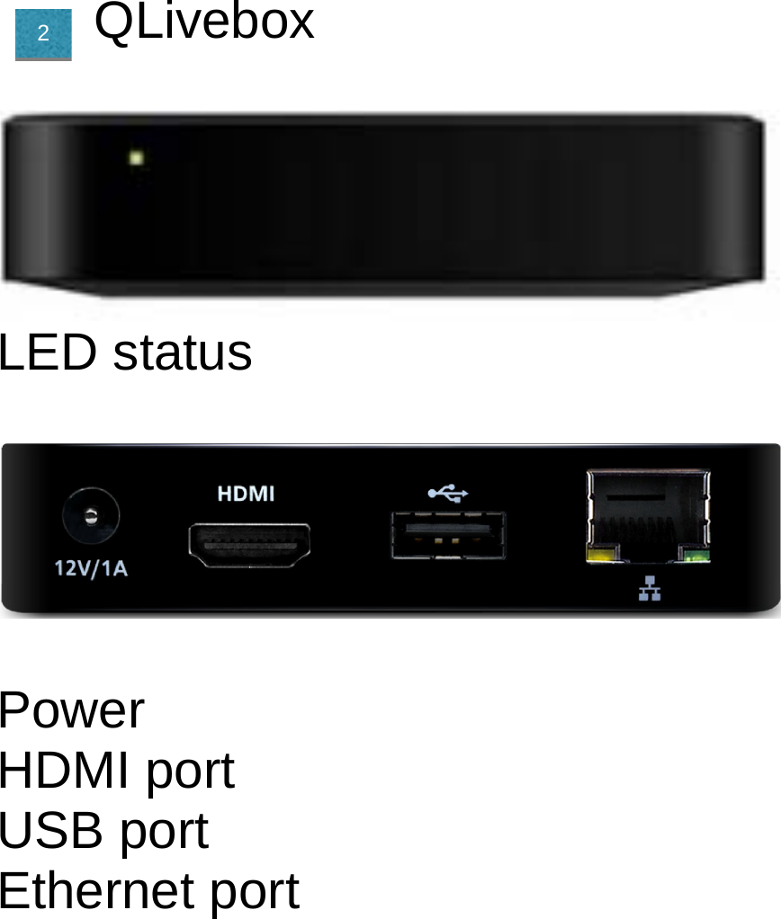QLivebox   LED status    Power HDMI port USB port Ethernet port        2 